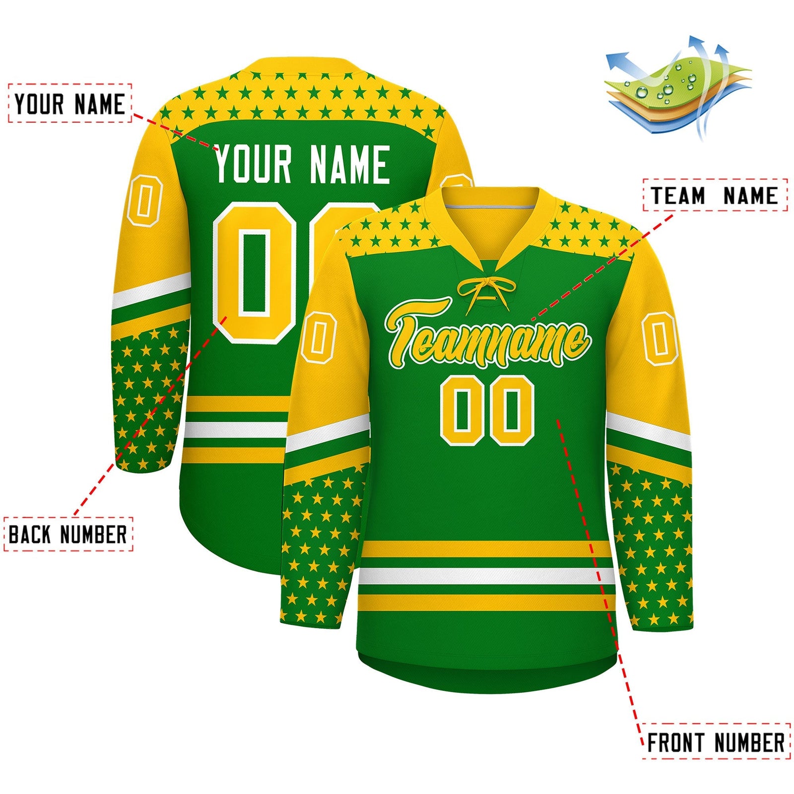 Custom Kelly Green Gold White Star Series Personalization Lace-Up Neck Hockey Jersey| KXKSHOP