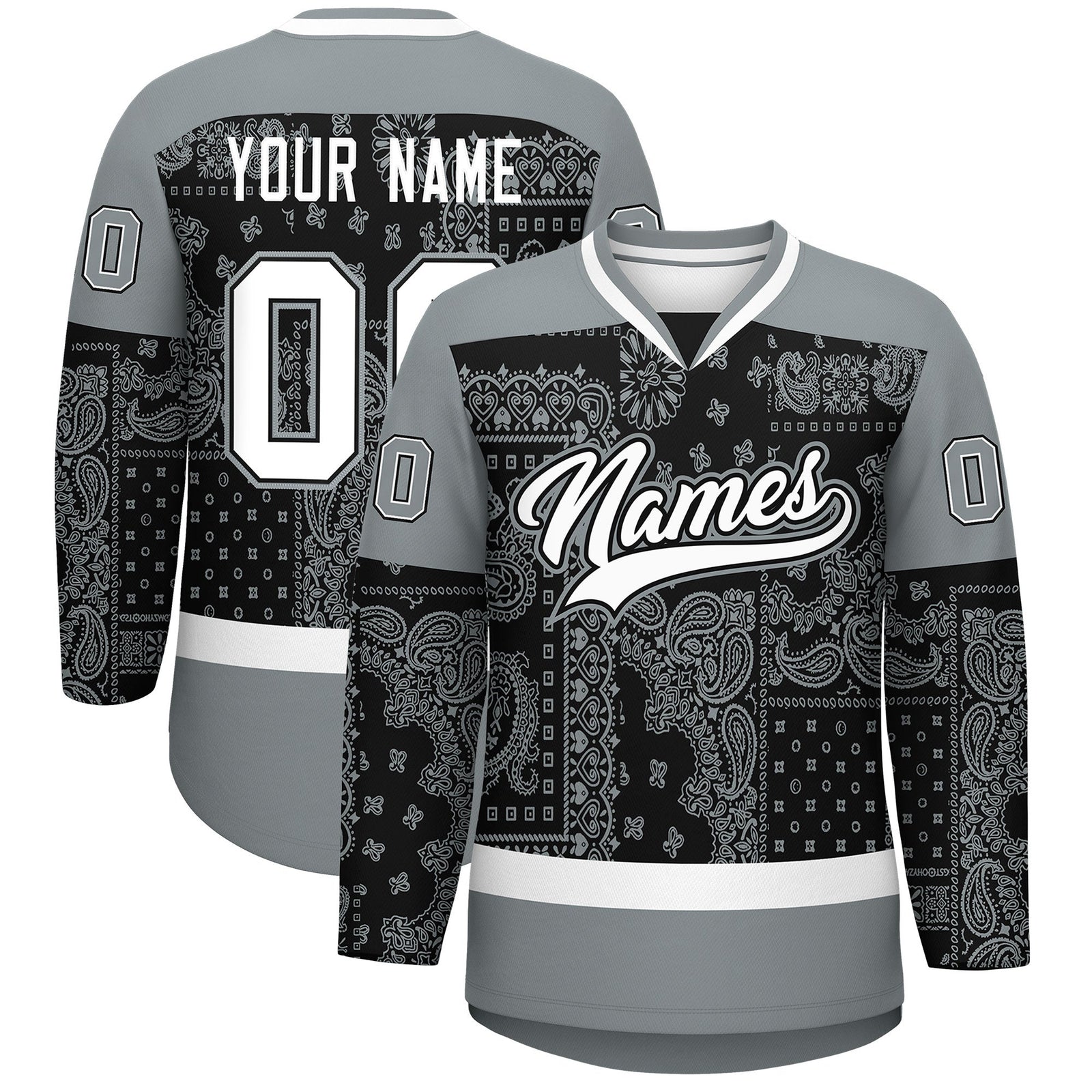 Custom Silver Gray White Black Cashew Flower Graffiti Pattern V-Neck Hockey Jersey| KXKSHOP