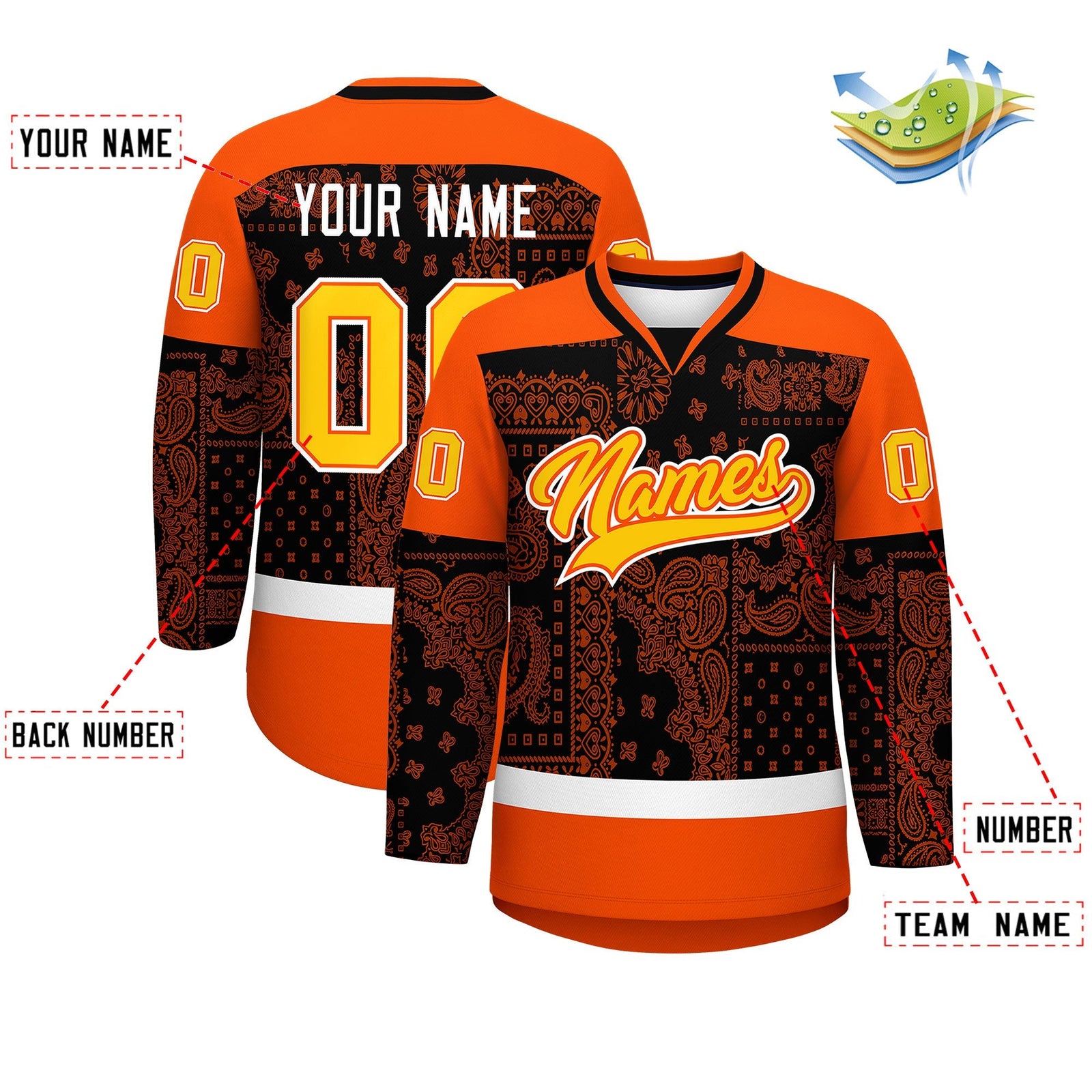 Custom Orange White Black Cashew Flower Graffiti Pattern V-Neck Hockey Jersey| KXKSHOP