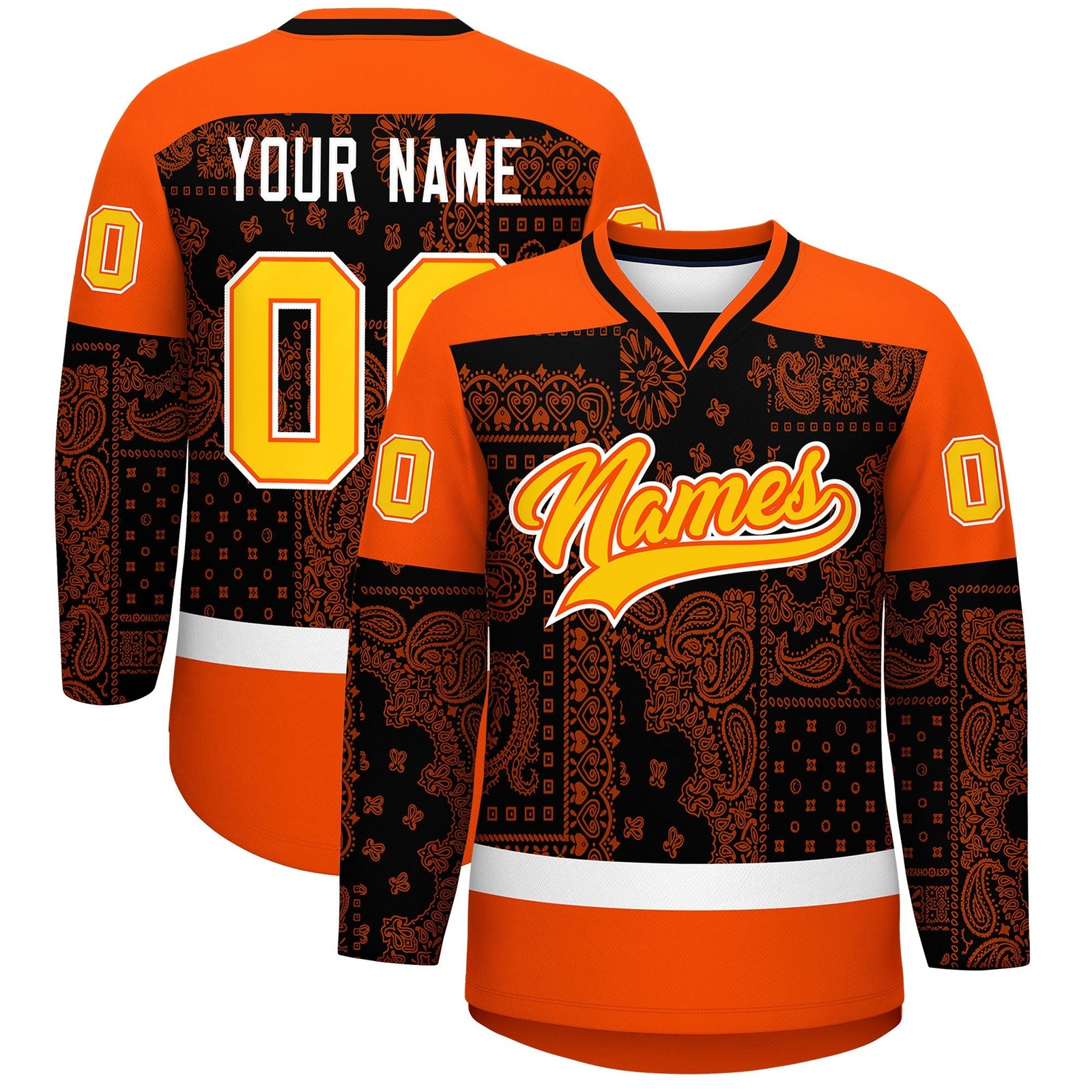 Custom Orange White Black Cashew Flower Graffiti Pattern V-Neck Hockey Jersey| KXKSHOP