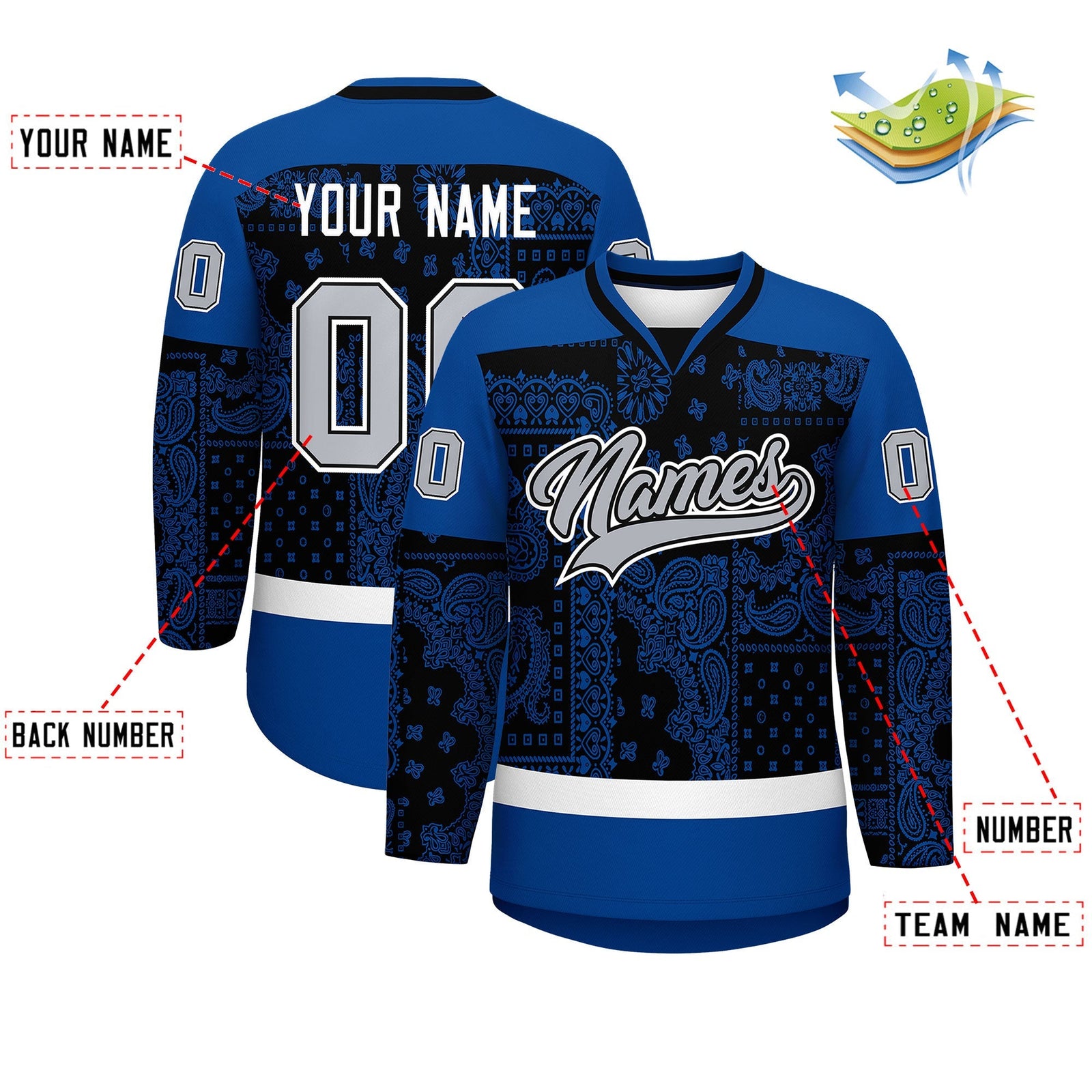 Custom Royal White Black Cashew Flower Graffiti Pattern V-Neck Hockey Jersey| KXKSHOP