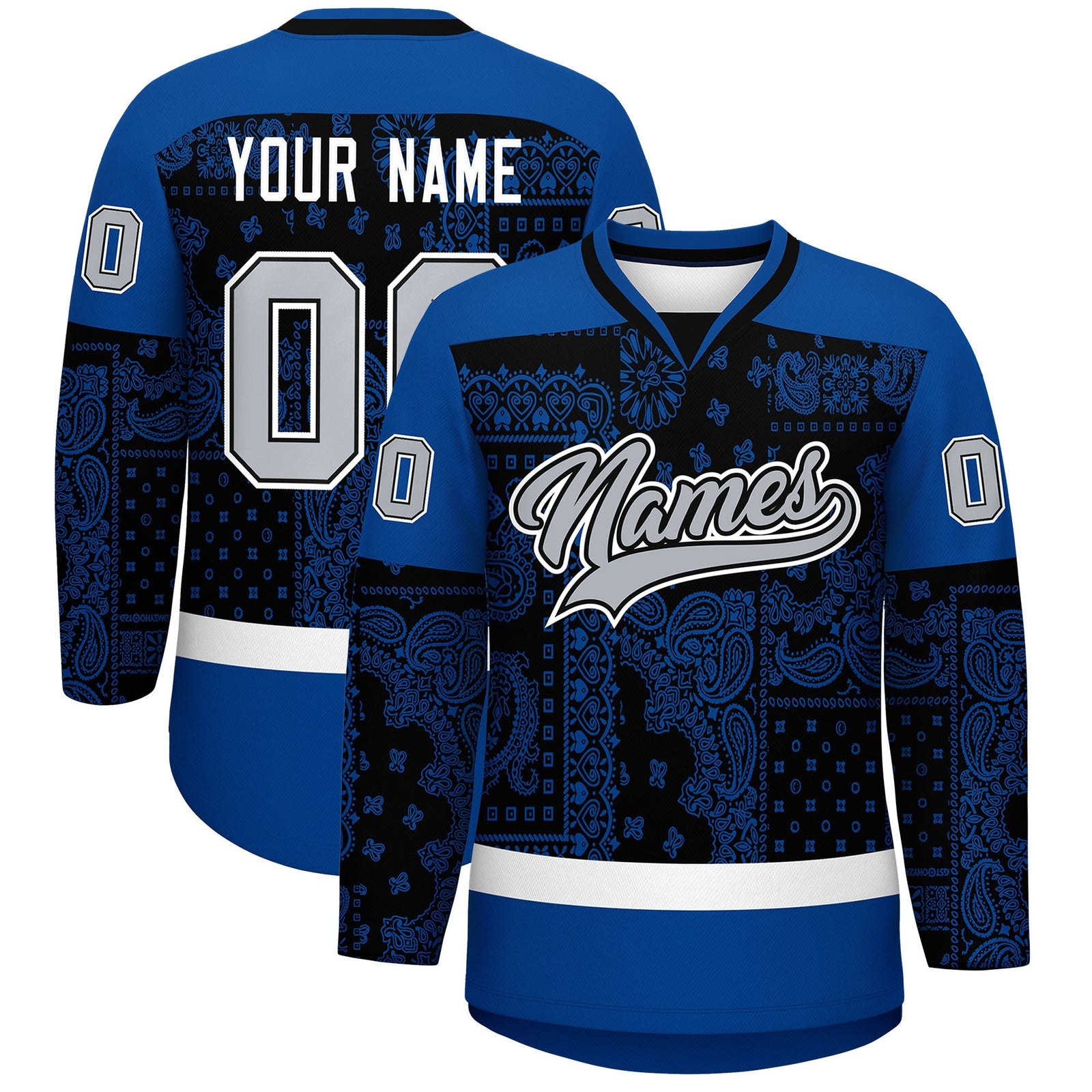 Custom Royal White Black Cashew Flower Graffiti Pattern V-Neck Hockey Jersey| KXKSHOP