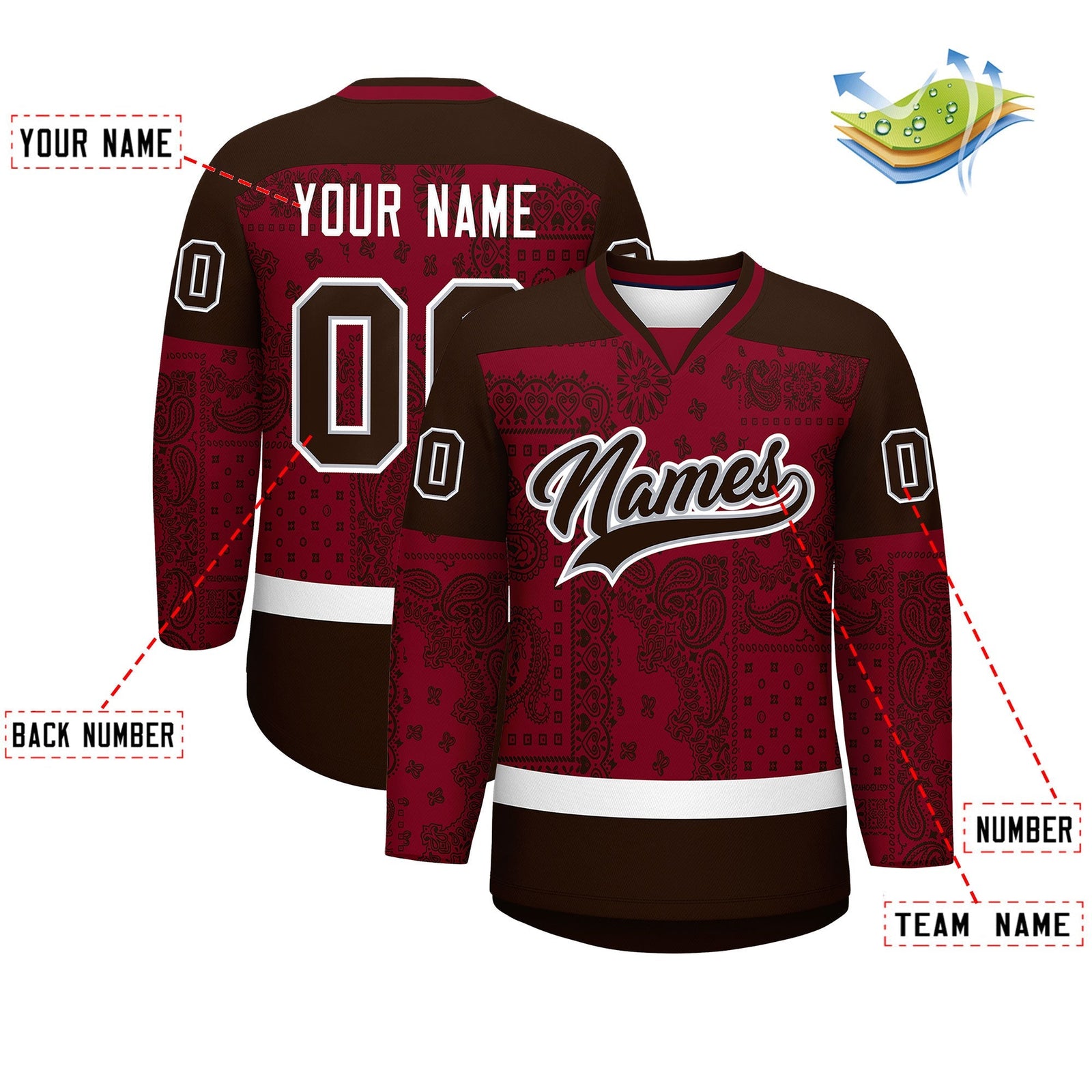 Custom Brown Crimson White Cashew Flower Graffiti Pattern V-Neck Hockey Jersey| KXKSHOP