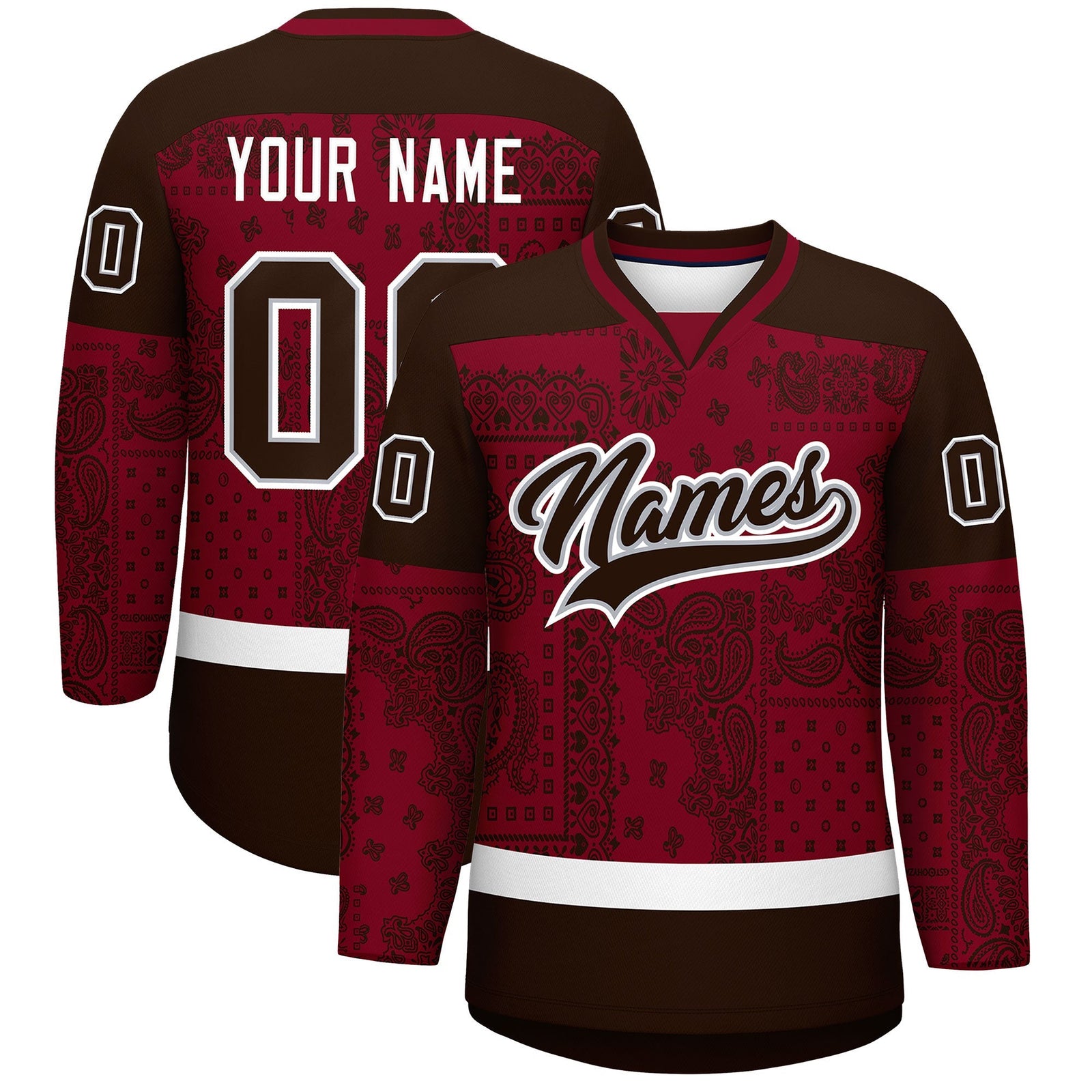 Custom Brown Crimson White Cashew Flower Graffiti Pattern V-Neck Hockey Jersey| KXKSHOP