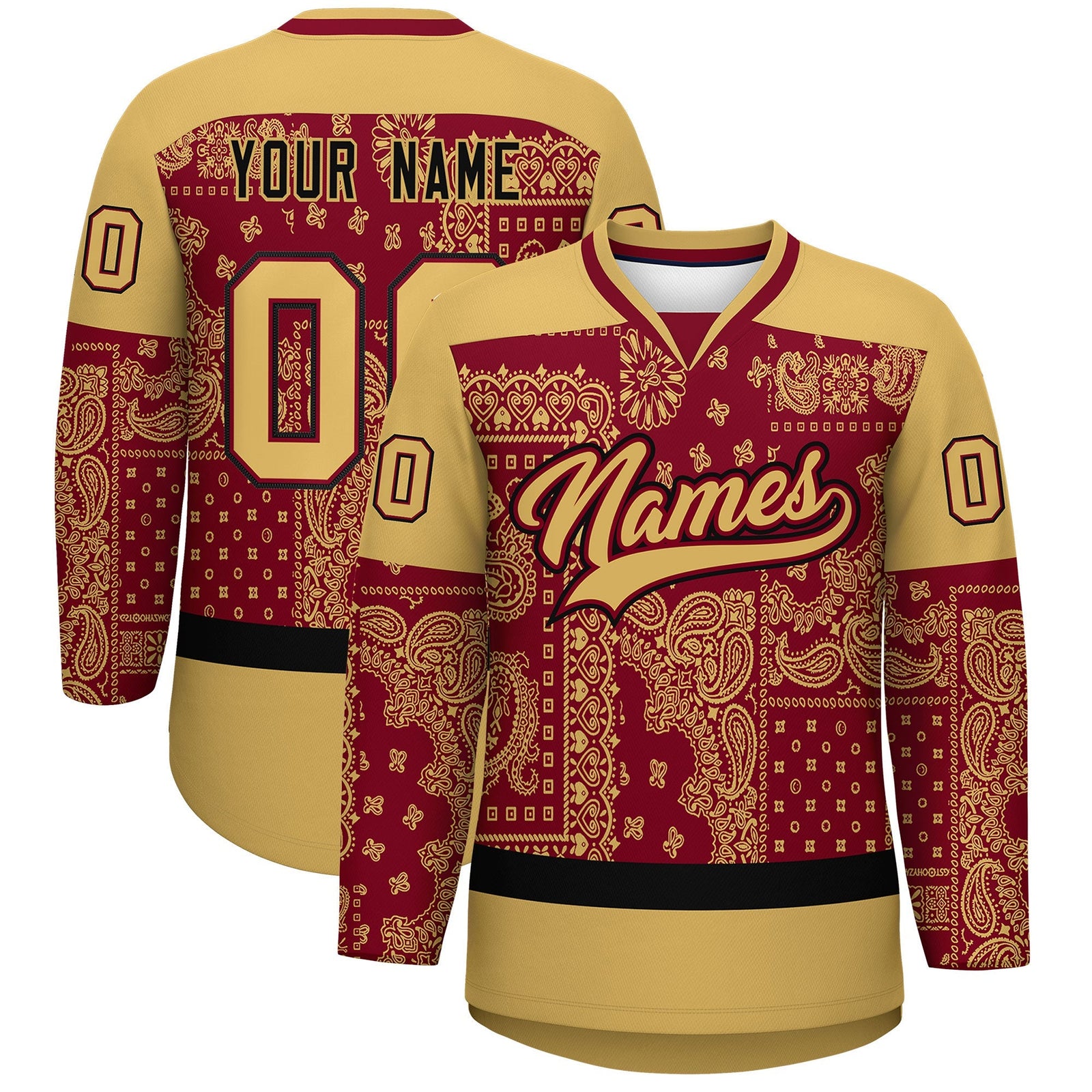Custom Old Gold Crimson Black Cashew Flower Graffiti Pattern V-Neck Hockey Jersey| KXKSHOP