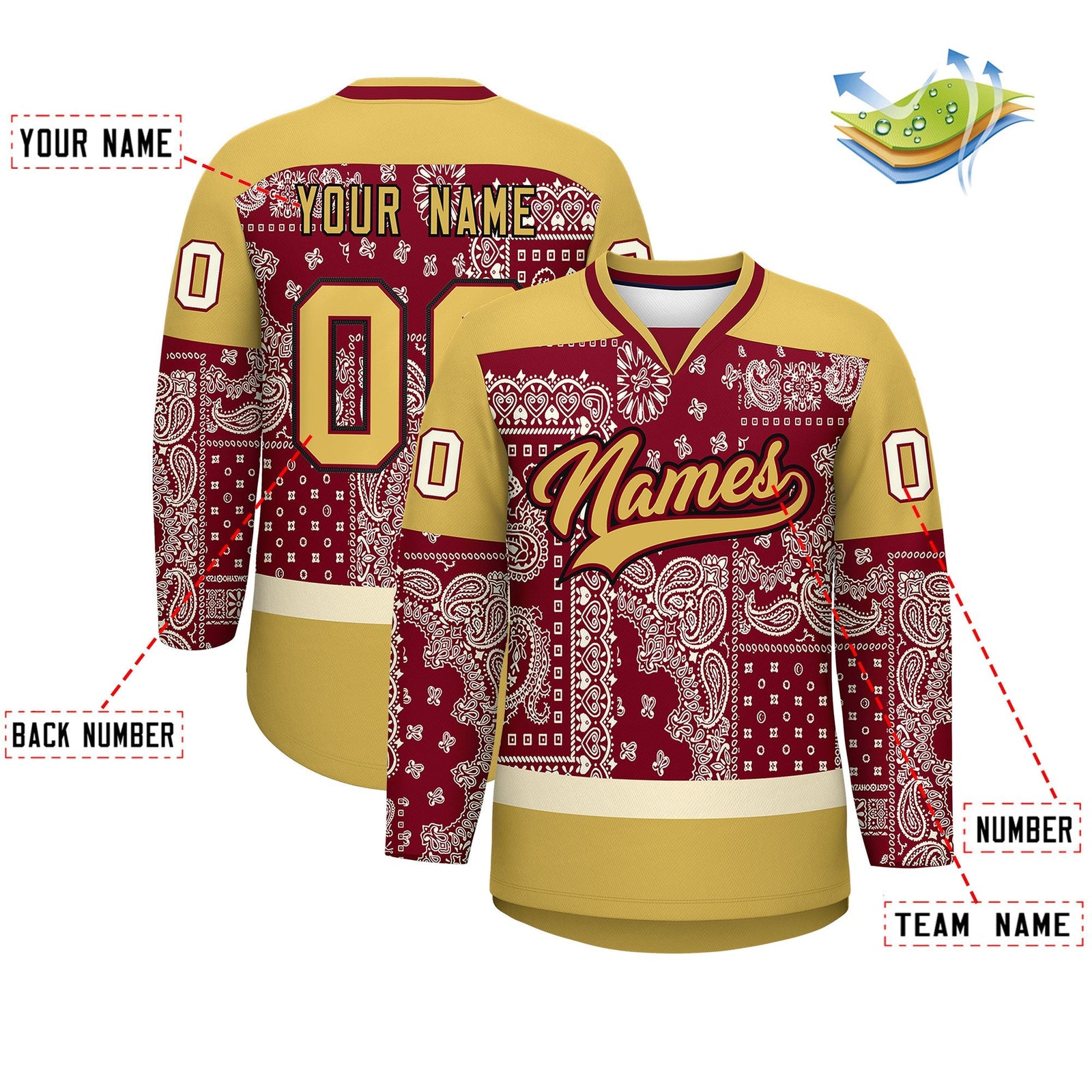 Custom Old Gold Crimson Cream Cashew Flower Graffiti Pattern V-Neck Hockey Jersey| KXKSHOP