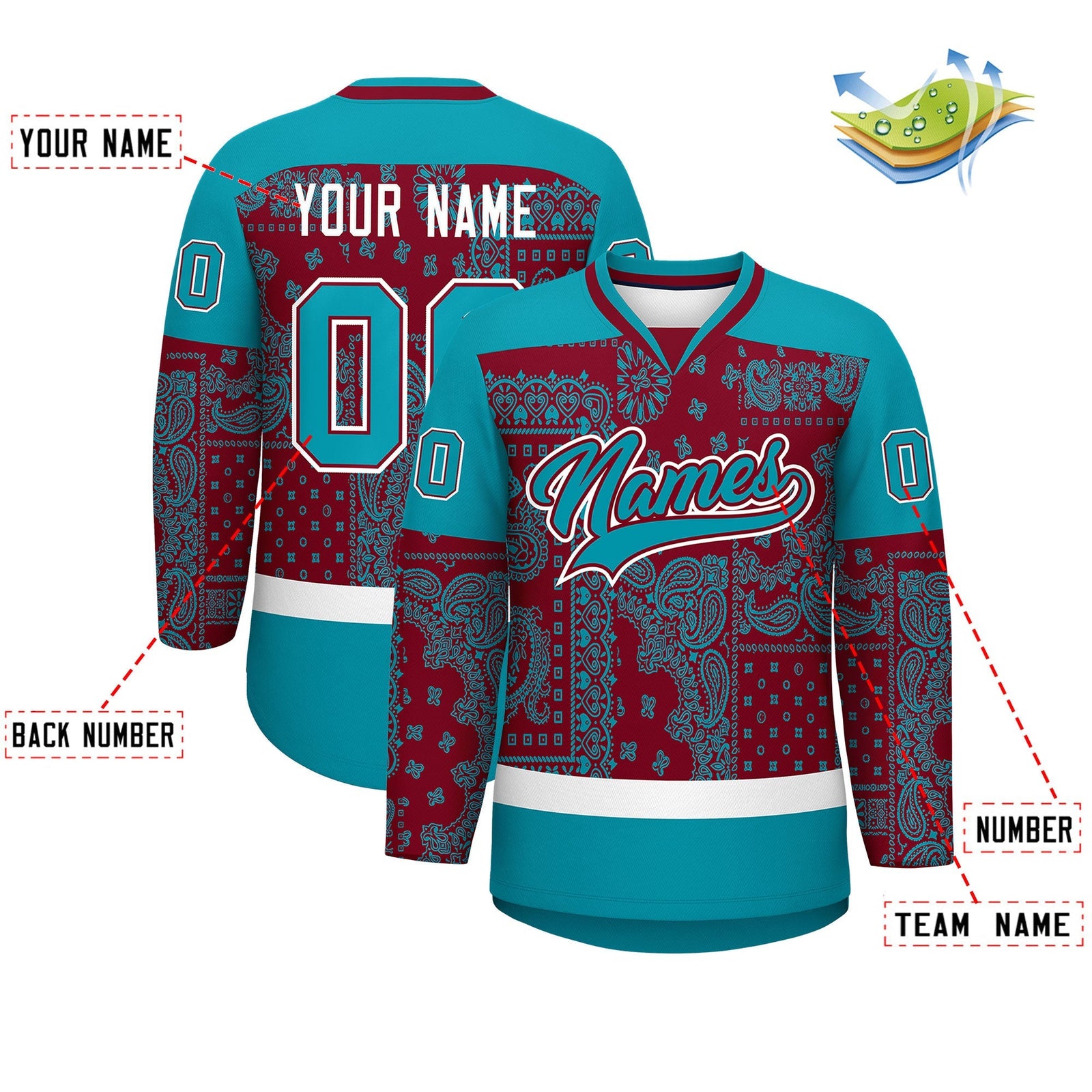 Custom Teal White Crimson Cashew Flower Graffiti Pattern V-Neck Hockey Jersey| KXKSHOP