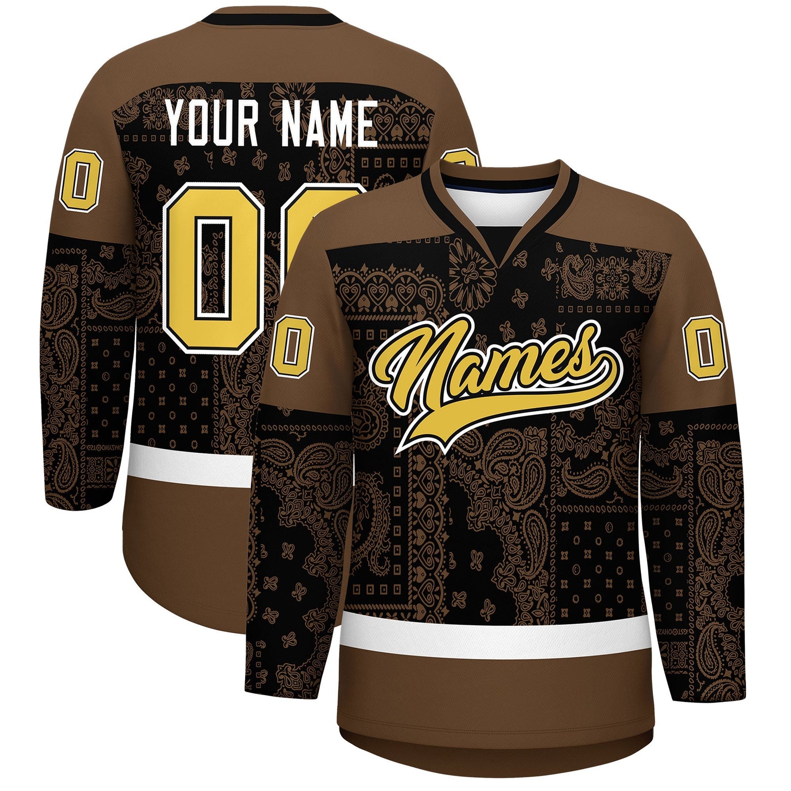 Custom Light Brown Black White Cashew Flower Graffiti Pattern V-Neck Hockey Jersey| KXKSHOP
