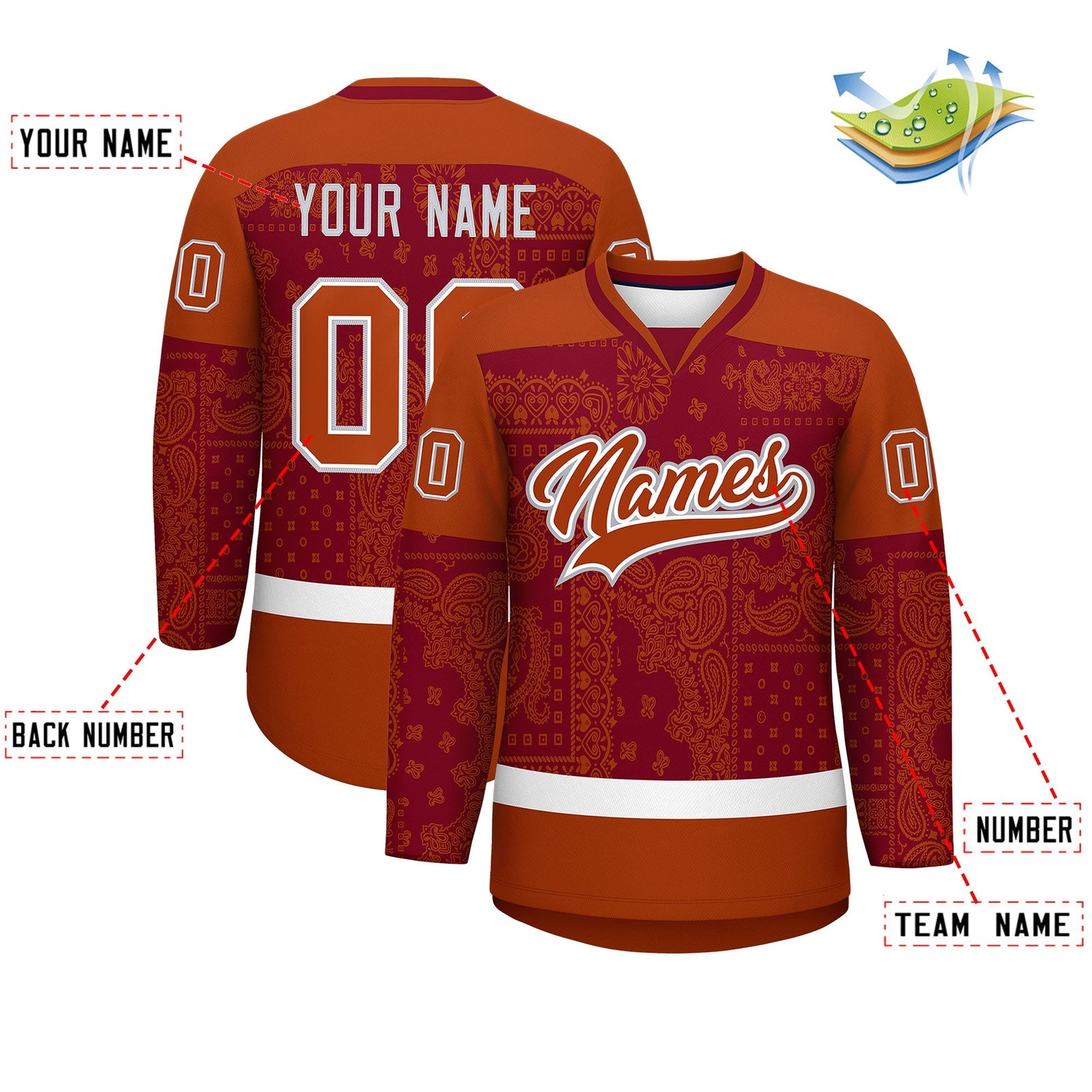 Custom Dark Orange Crimson White Cashew Flower Graffiti Pattern V-Neck Hockey Jersey| KXKSHOP