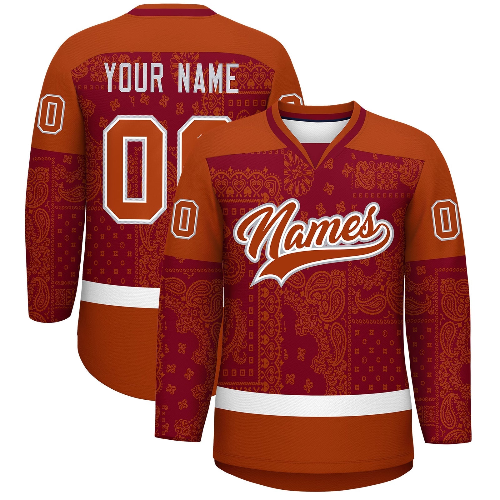 Custom Dark Orange Crimson White Cashew Flower Graffiti Pattern V-Neck Hockey Jersey| KXKSHOP