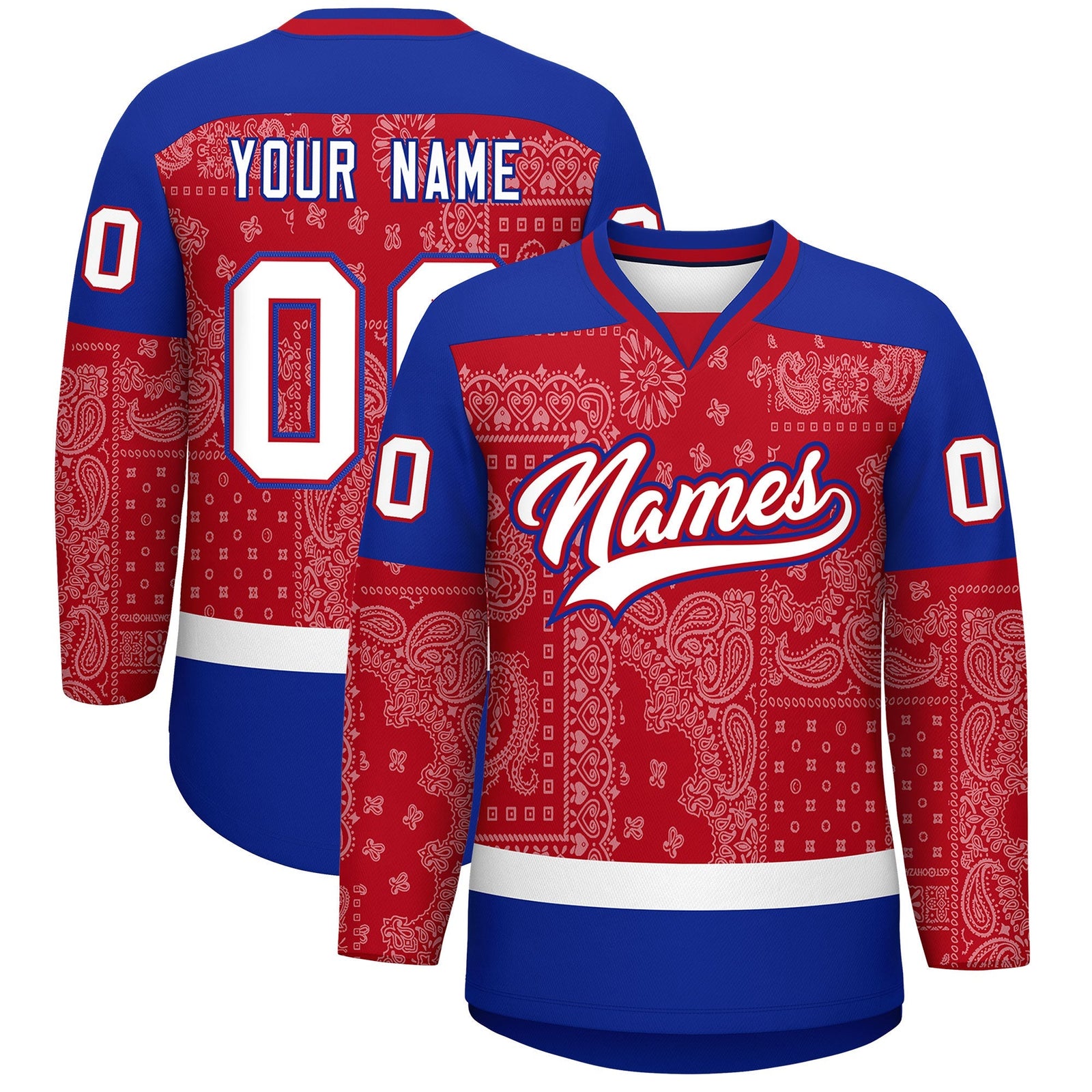 Custom Royal White Red Cashew Flower Graffiti Pattern V-Neck Hockey Jersey| KXKSHOP