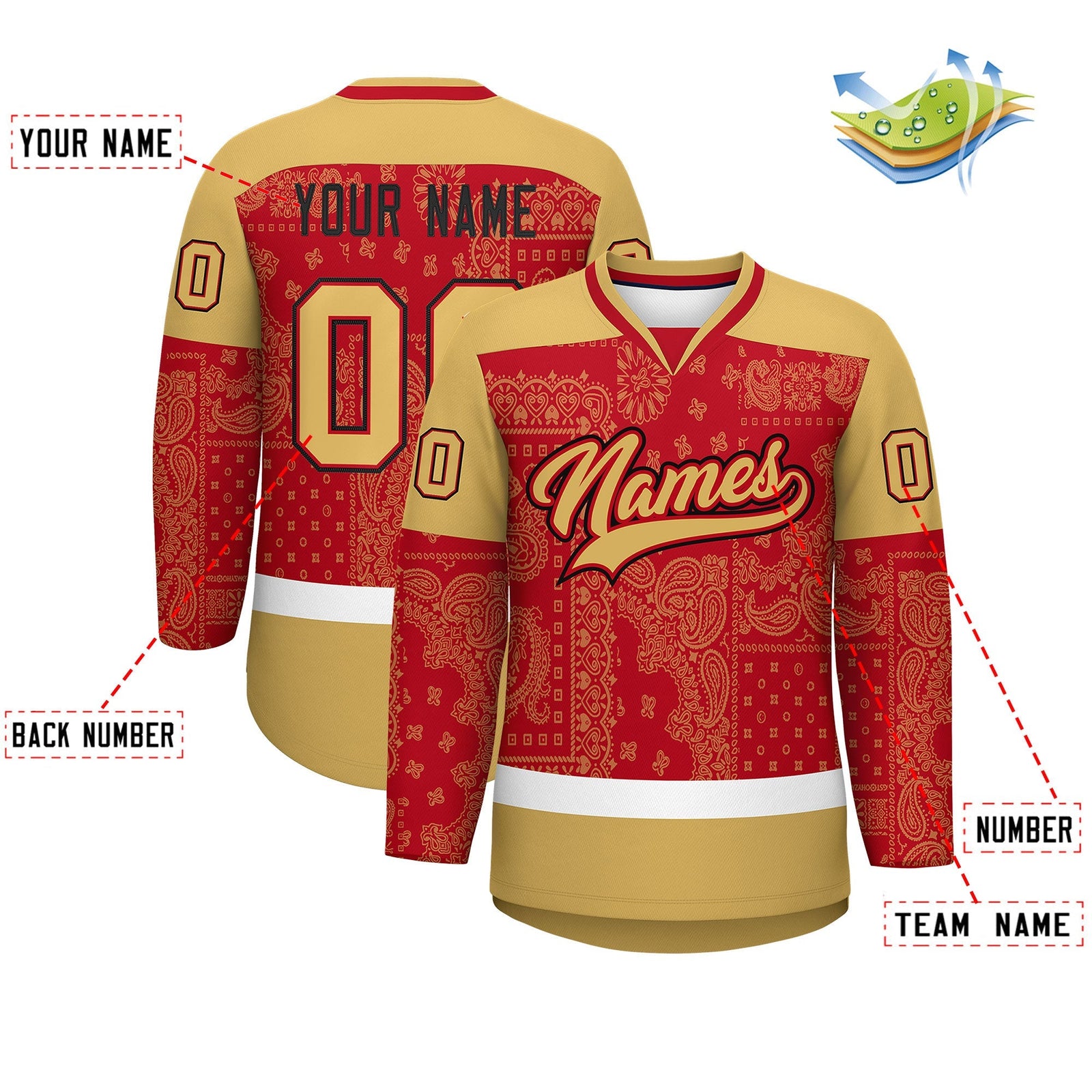 Custom Old Gold Red White Cashew Flower Graffiti Pattern V-Neck Hockey Jersey| KXKSHOP