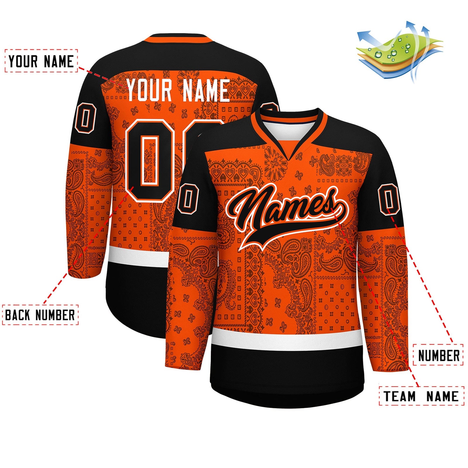 Custom Orange Black White Cashew Flower Graffiti Pattern V-Neck Hockey Jersey| KXKSHOP
