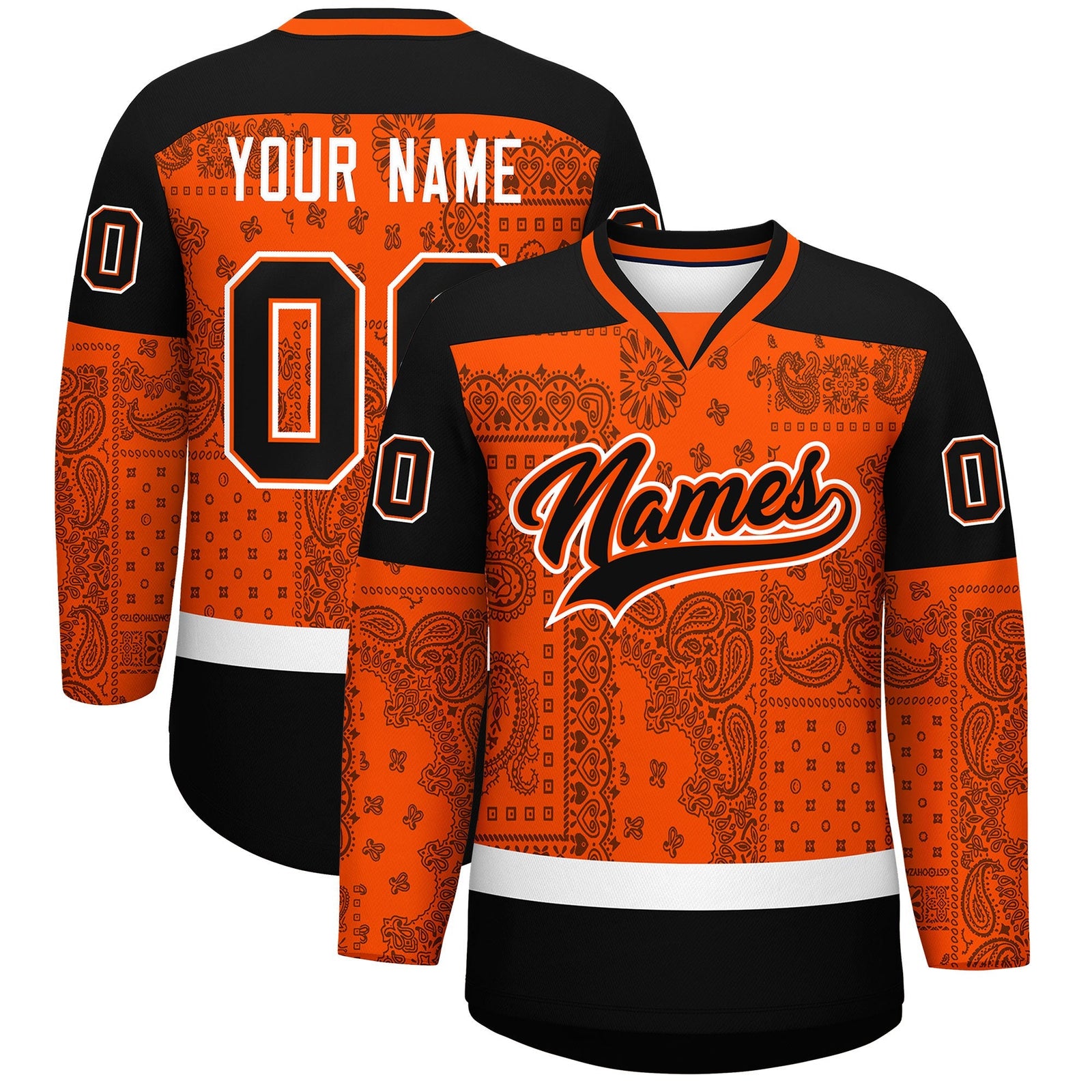 Custom Orange Black White Cashew Flower Graffiti Pattern V-Neck Hockey Jersey| KXKSHOP