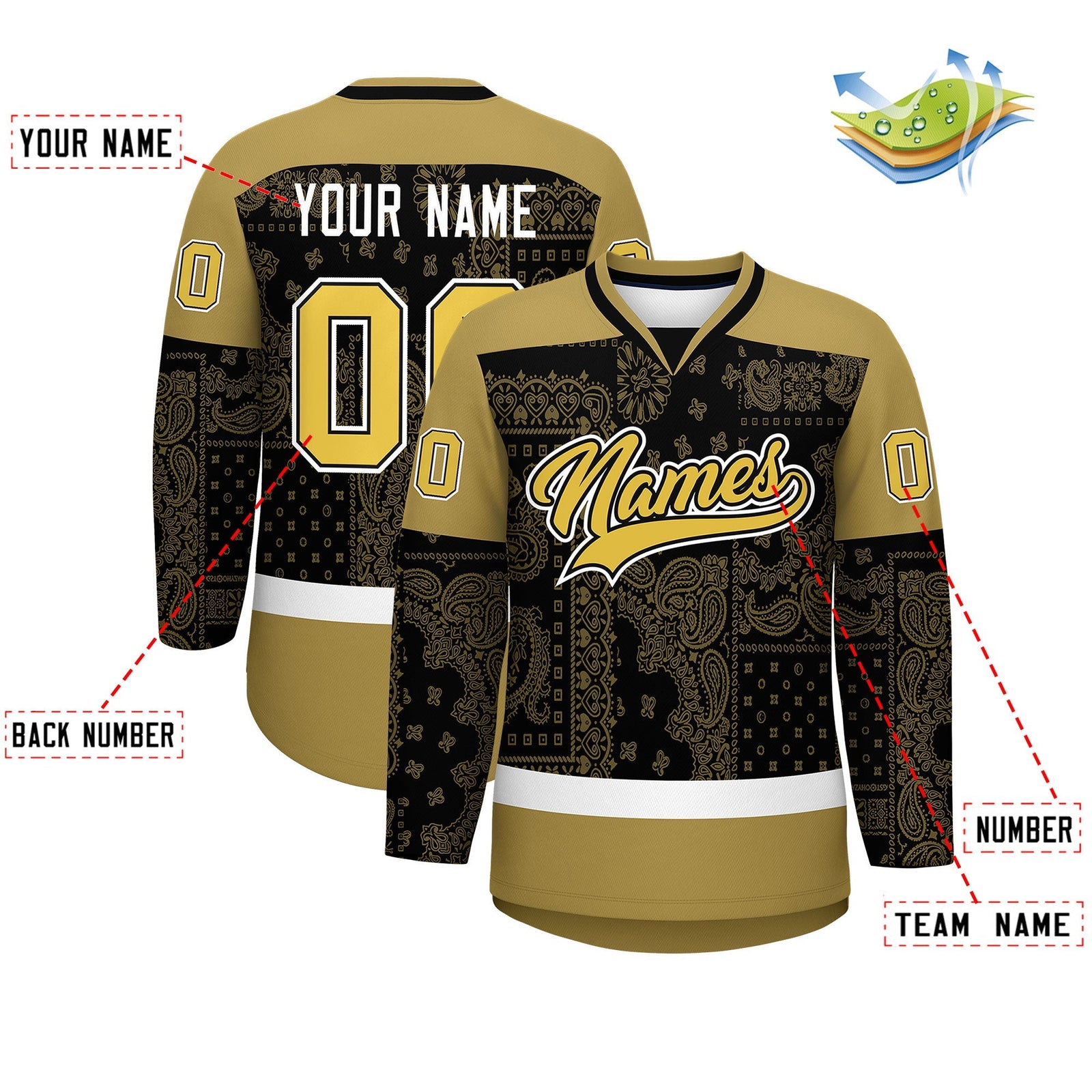 Custom Old Gold Black White Cashew Flower Graffiti Pattern V-Neck Hockey Jersey| KXKSHOP