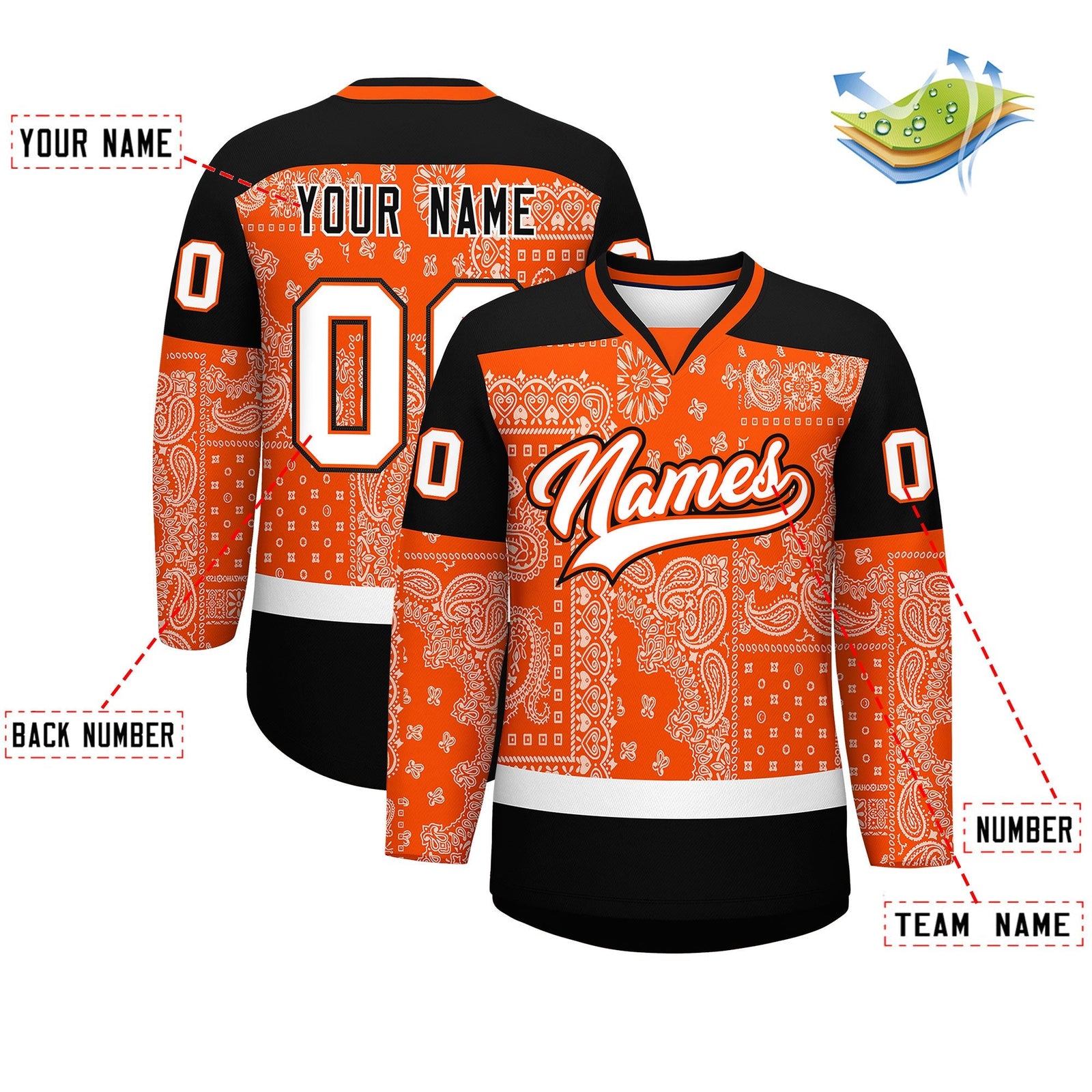 Custom Black Orange White Cashew Flower Graffiti Pattern V-Neck Hockey Jersey| KXKSHOP