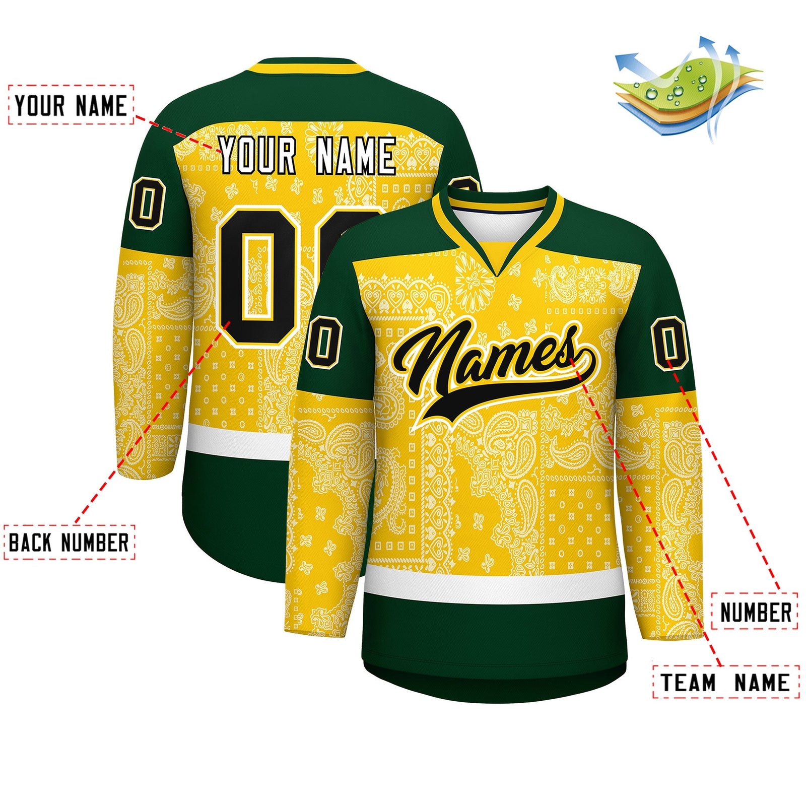 Custom Green Gold White Cashew Flower Graffiti Pattern V-Neck Hockey Jersey| KXKSHOP