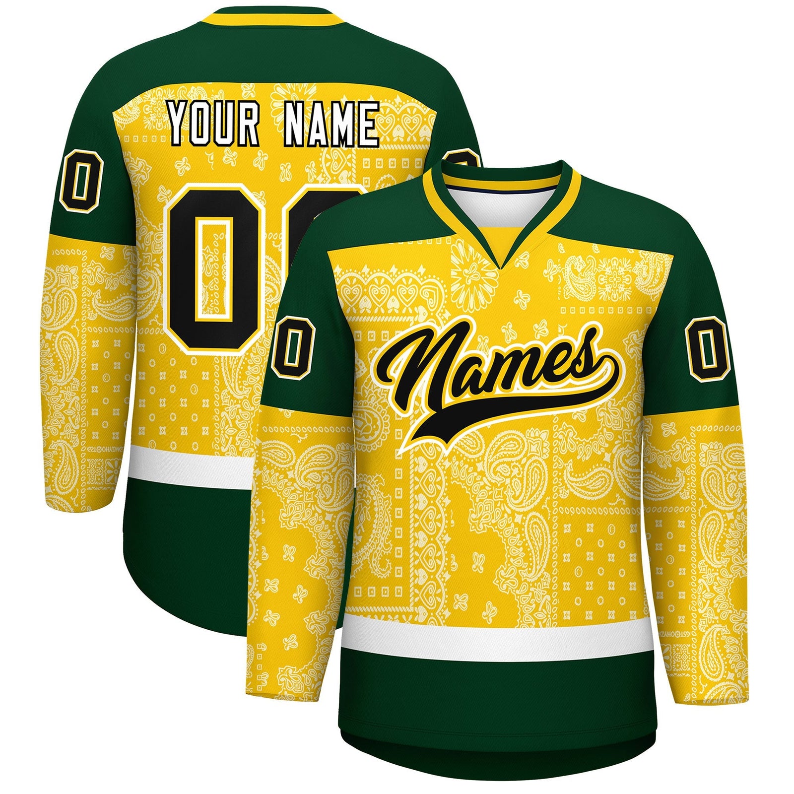 Custom Green Gold White Cashew Flower Graffiti Pattern V-Neck Hockey Jersey| KXKSHOP