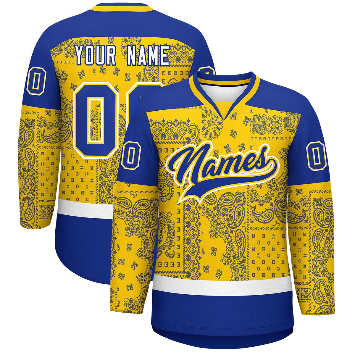 Custom Royal Gold White Cashew Flower Graffiti Pattern V-Neck Hockey Jersey| KXKSHOP