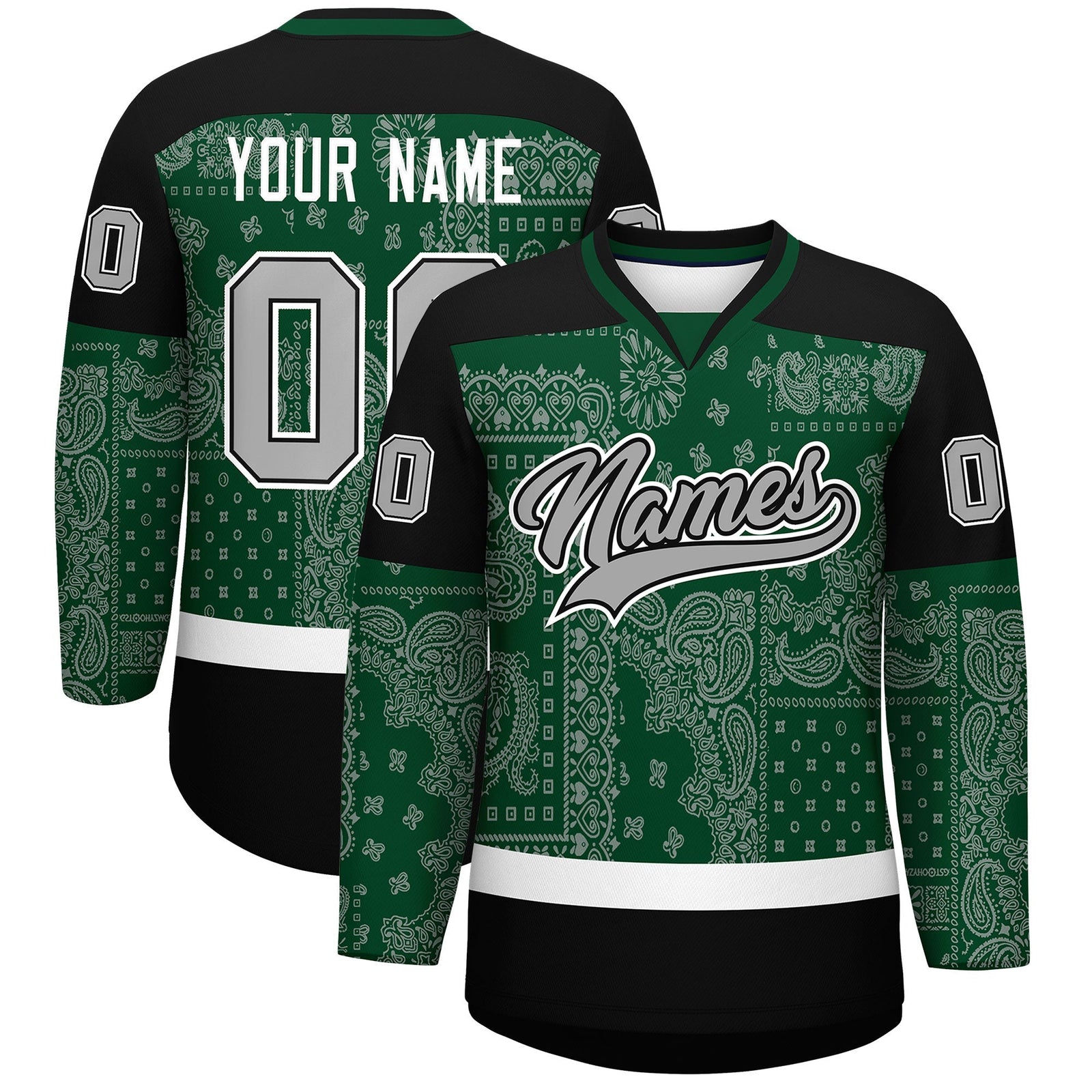 Custom Black Green White Cashew Flower Graffiti Pattern V-Neck Hockey Jersey| KXKSHOP
