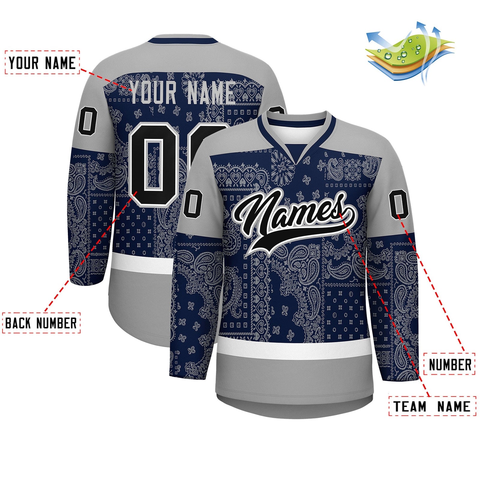 Custom Gray Navy White Cashew Flower Graffiti Pattern V-Neck Hockey Jersey| KXKSHOP