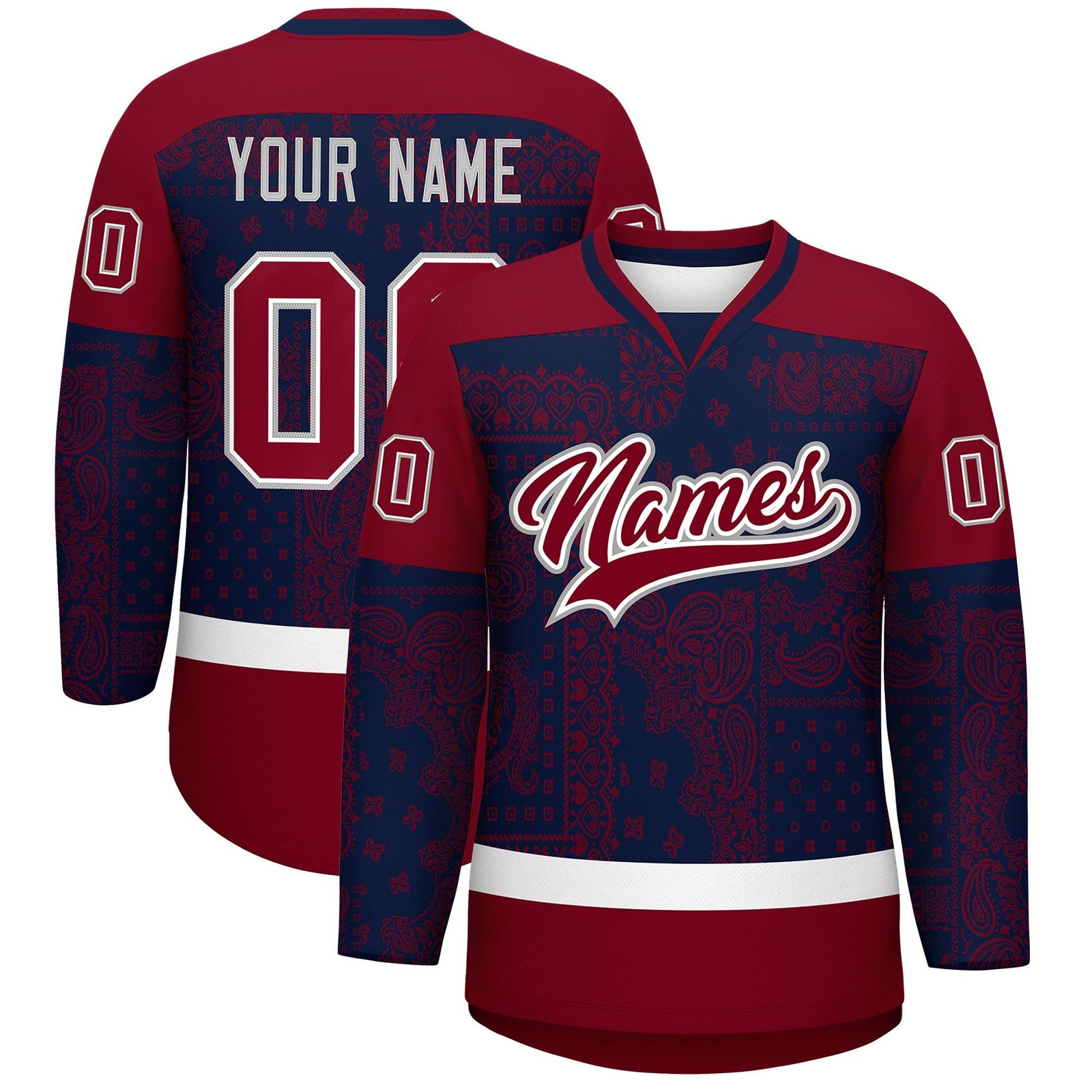 Custom Crimson Navy White Cashew Flower Graffiti Pattern V-Neck Hockey Jersey| KXKSHOP