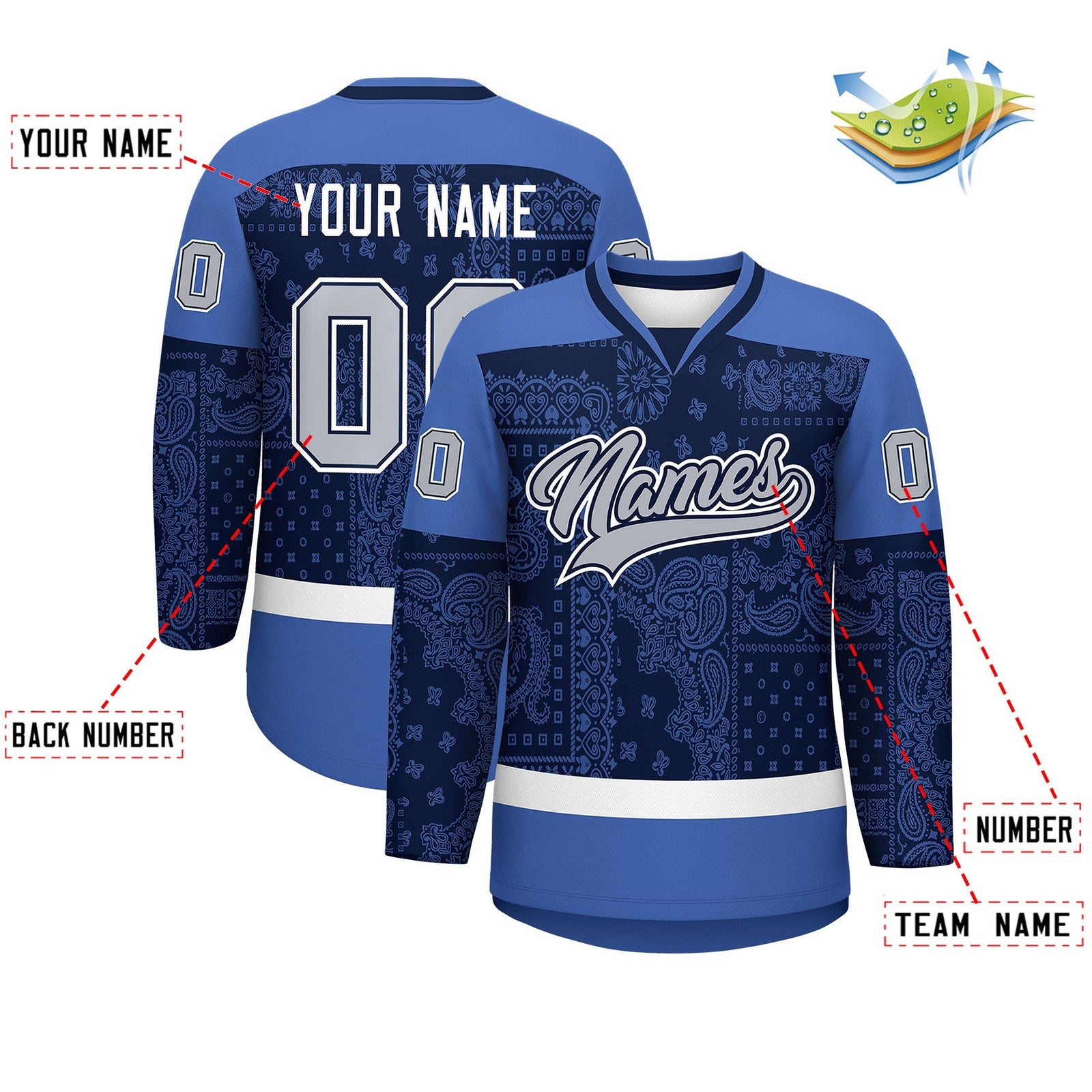 Custom Blue Navy White Cashew Flower Graffiti Pattern V-Neck Hockey Jersey| KXKSHOP