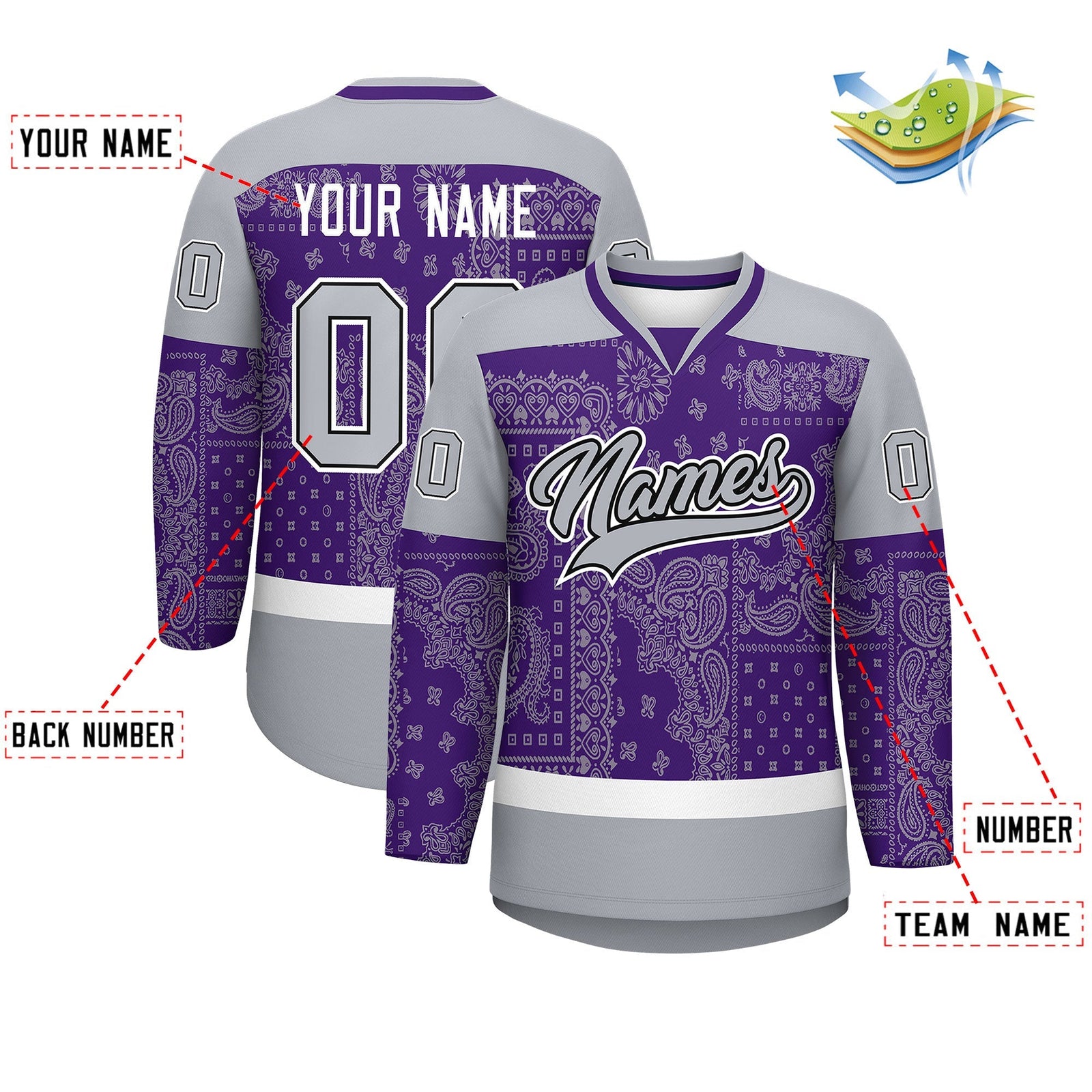 Custom Gray Purple White Cashew Flower Graffiti Pattern V-Neck Hockey Jersey| KXKSHOP