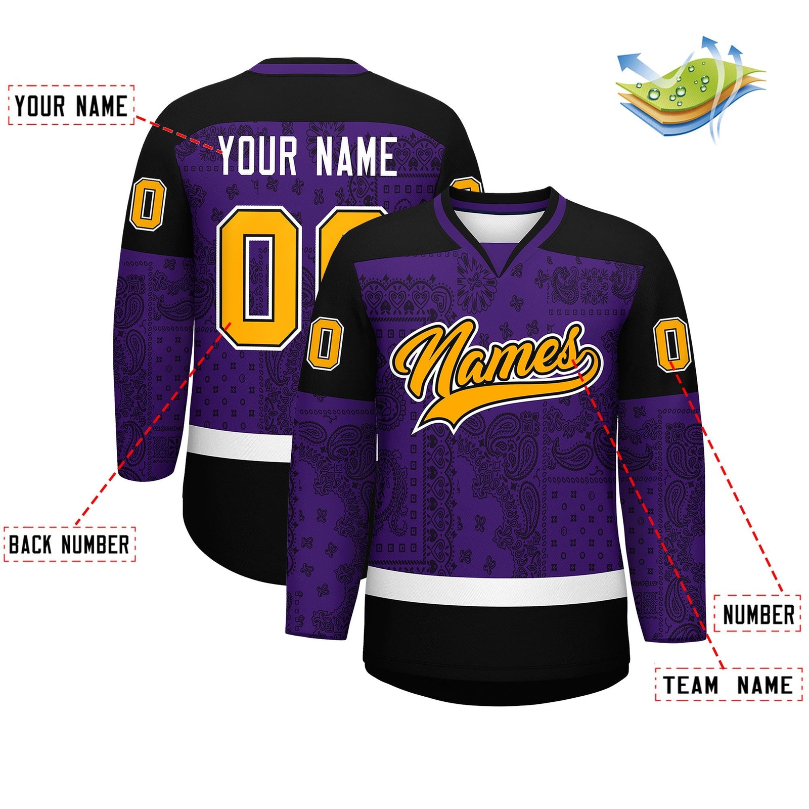 Custom Black Purple White Cashew Flower Graffiti Pattern V-Neck Hockey Jersey| KXKSHOP