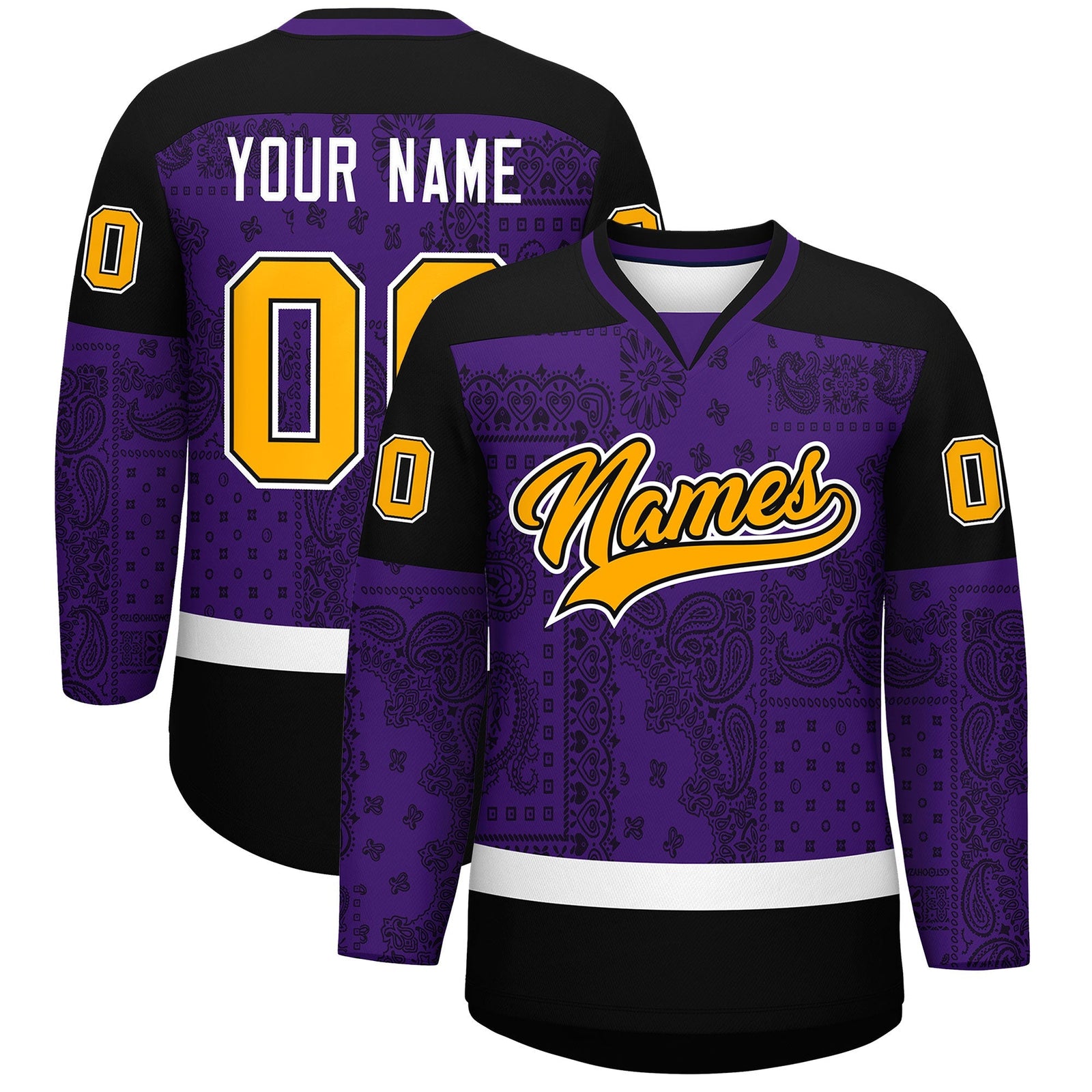 Custom Black Purple White Cashew Flower Graffiti Pattern V-Neck Hockey Jersey| KXKSHOP
