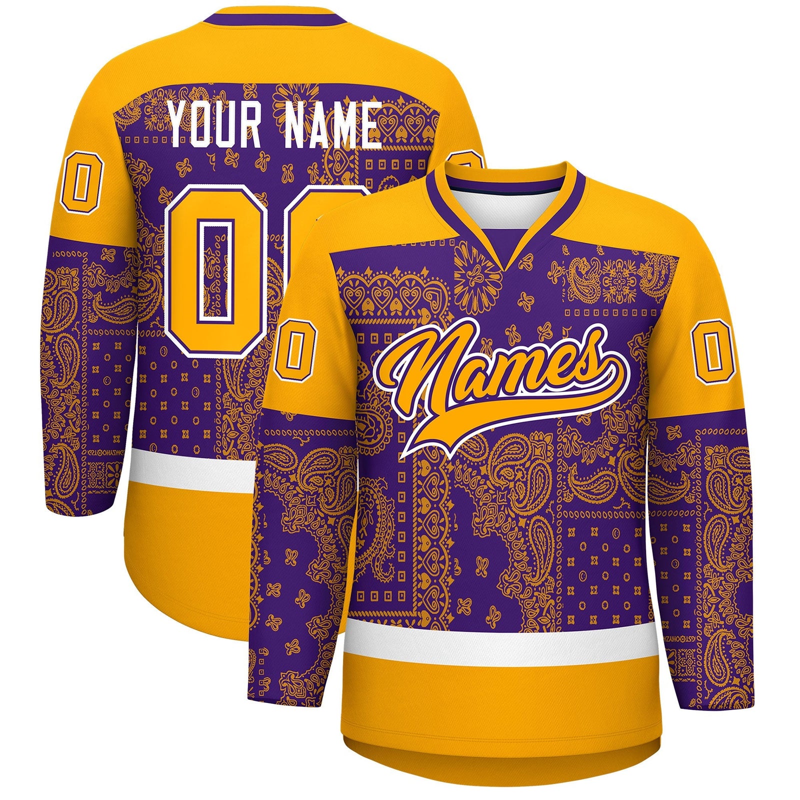 Custom Yellow Purple White Cashew Flower Graffiti Pattern V-Neck Hockey Jersey| KXKSHOP
