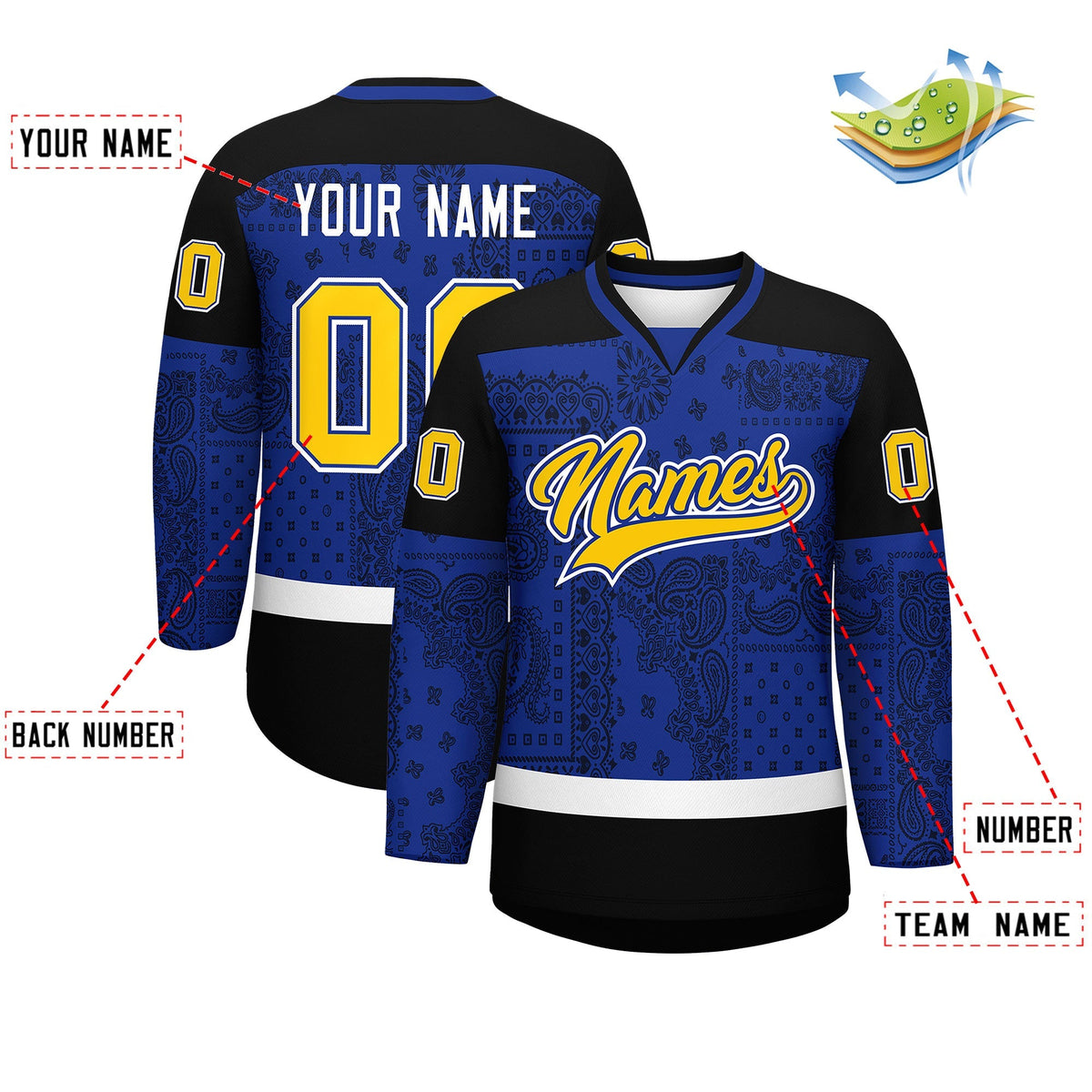 Custom Black Royal White Cashew Flower Graffiti Pattern V-Neck Hockey Jersey| KXKSHOP