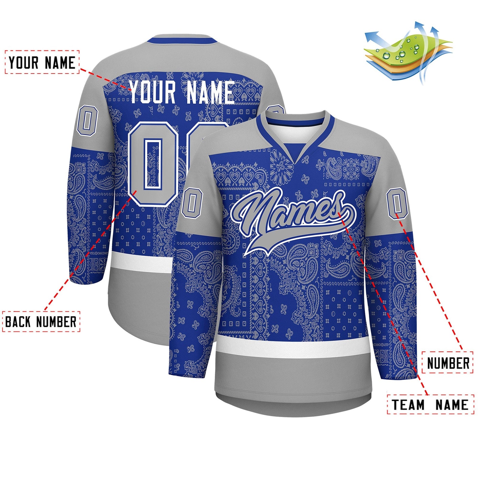 Custom Gray Royal White Cashew Flower Graffiti Pattern V-Neck Hockey Jersey| KXKSHOP