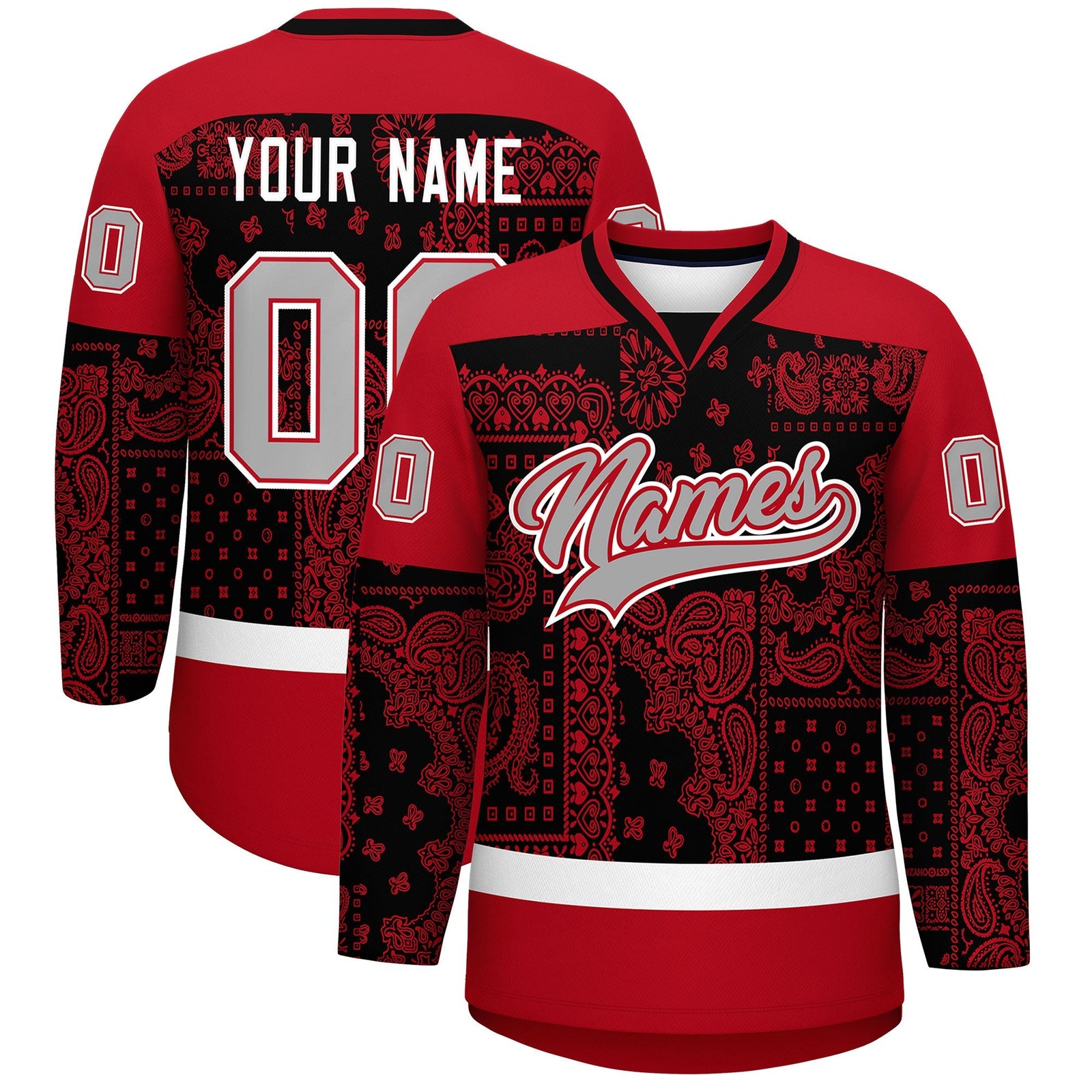 Custom Red Black White Cashew Flower Graffiti Pattern V-Neck Hockey Jersey| KXKSHOP