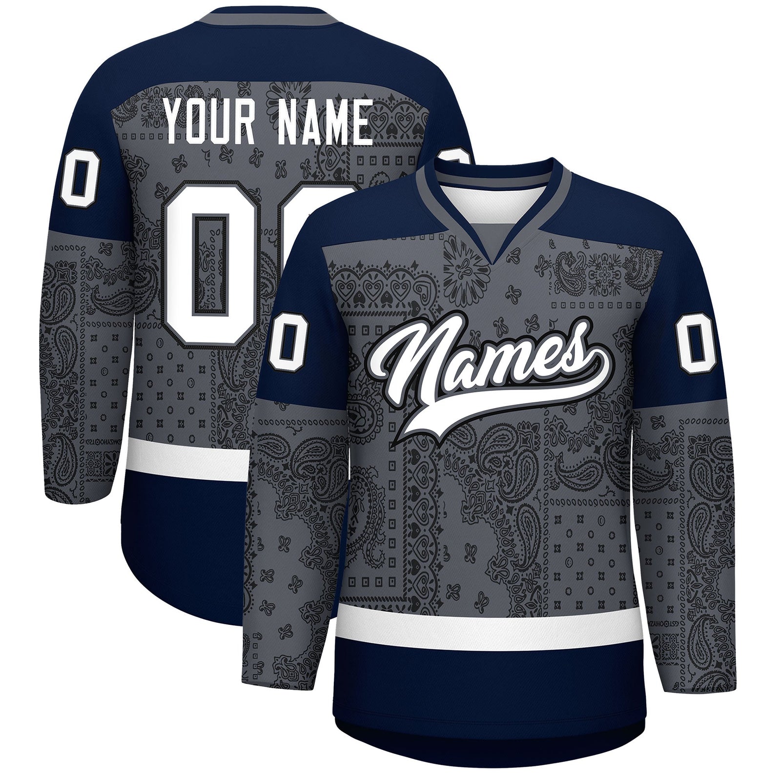 Custom Black Dark Gray White Cashew Flower Graffiti Pattern V-Neck Hockey Jersey| KXKSHOP