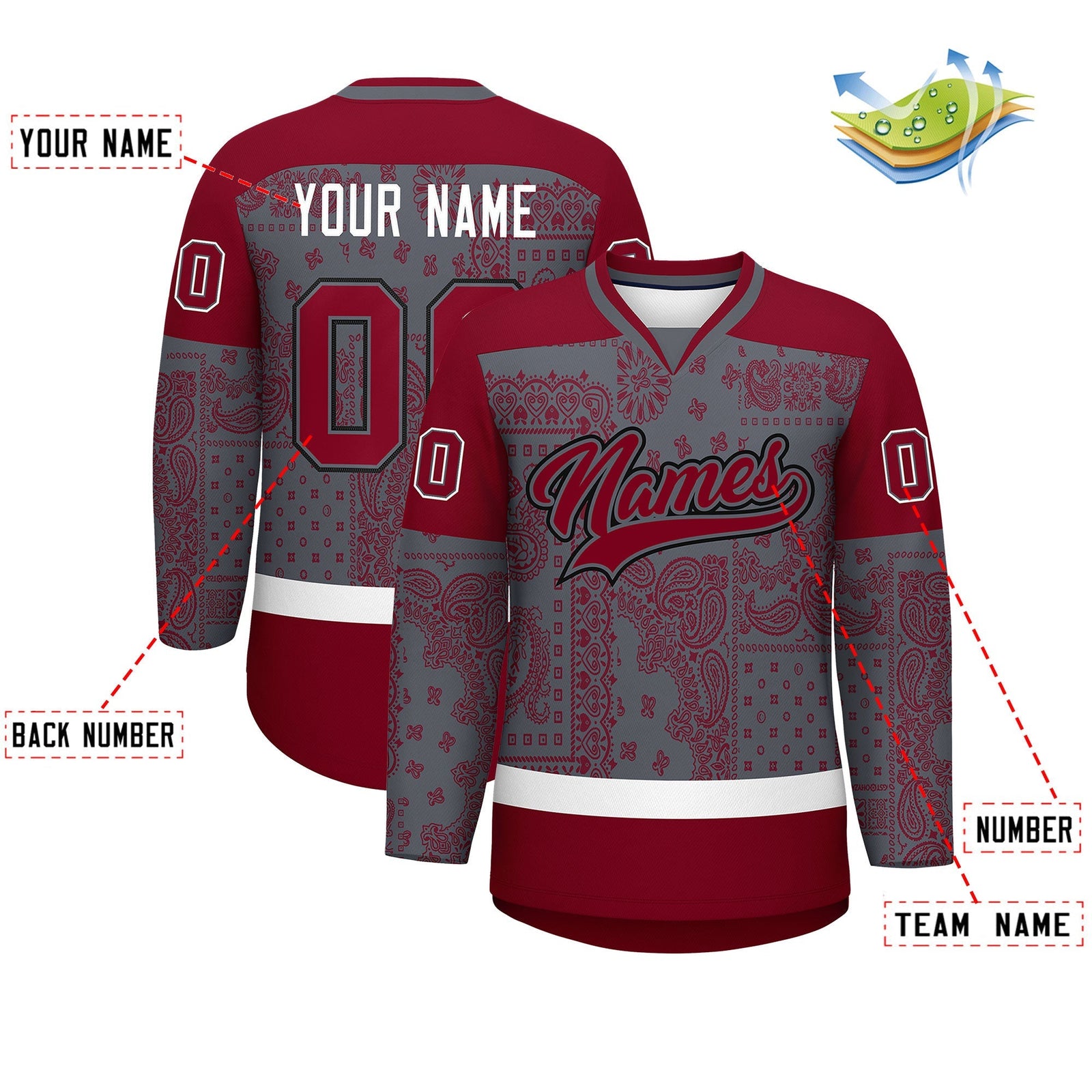 Custom Red Dark Gray White Cashew Flower Graffiti Pattern V-Neck Hockey Jersey| KXKSHOP