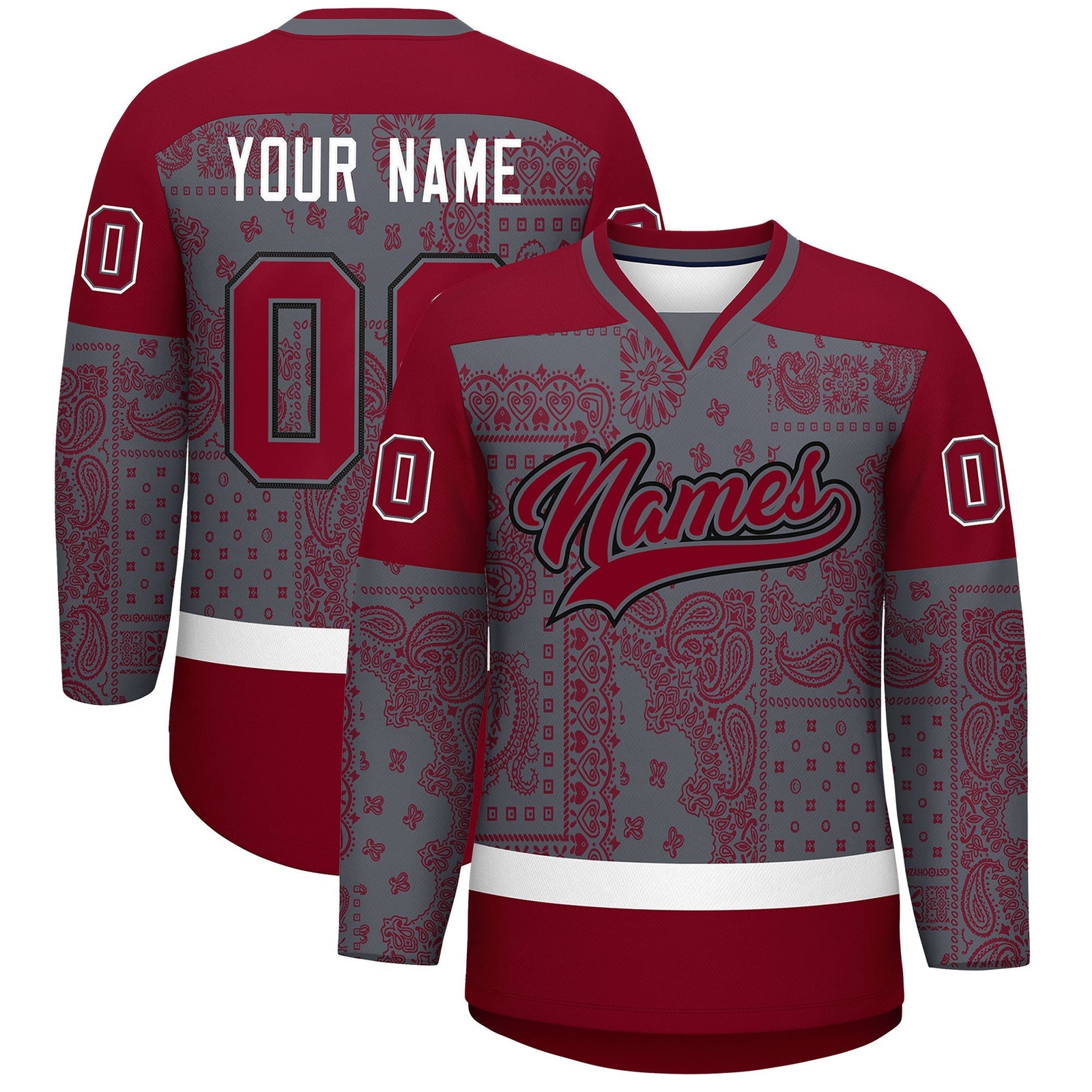 Custom Red Dark Gray White Cashew Flower Graffiti Pattern V-Neck Hockey Jersey| KXKSHOP