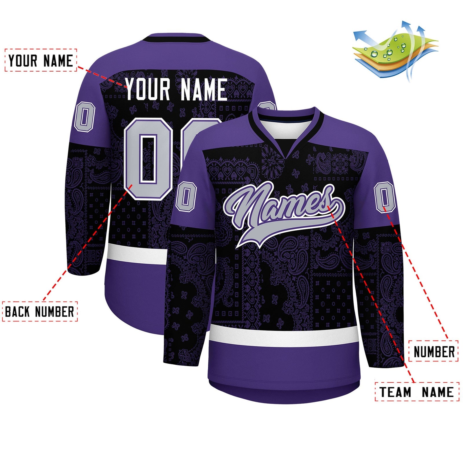 Custom Purple Black White Cashew Flower Graffiti Pattern V-Neck Hockey Jersey| KXKSHOP