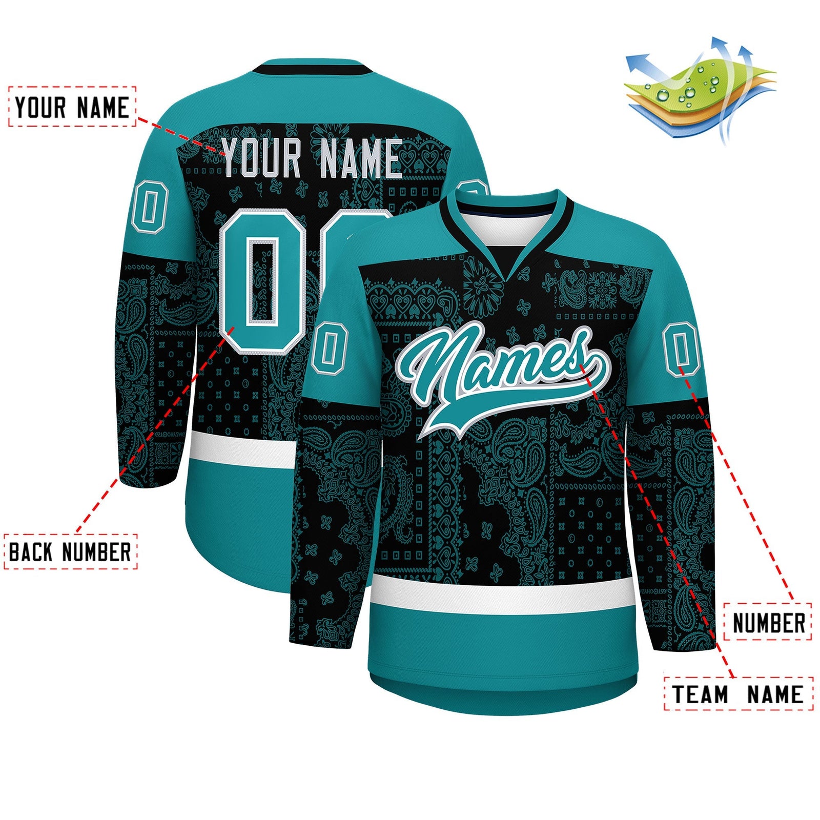 Custom Aqua Black White Cashew Flower Graffiti Pattern V-Neck Hockey Jersey| KXKSHOP