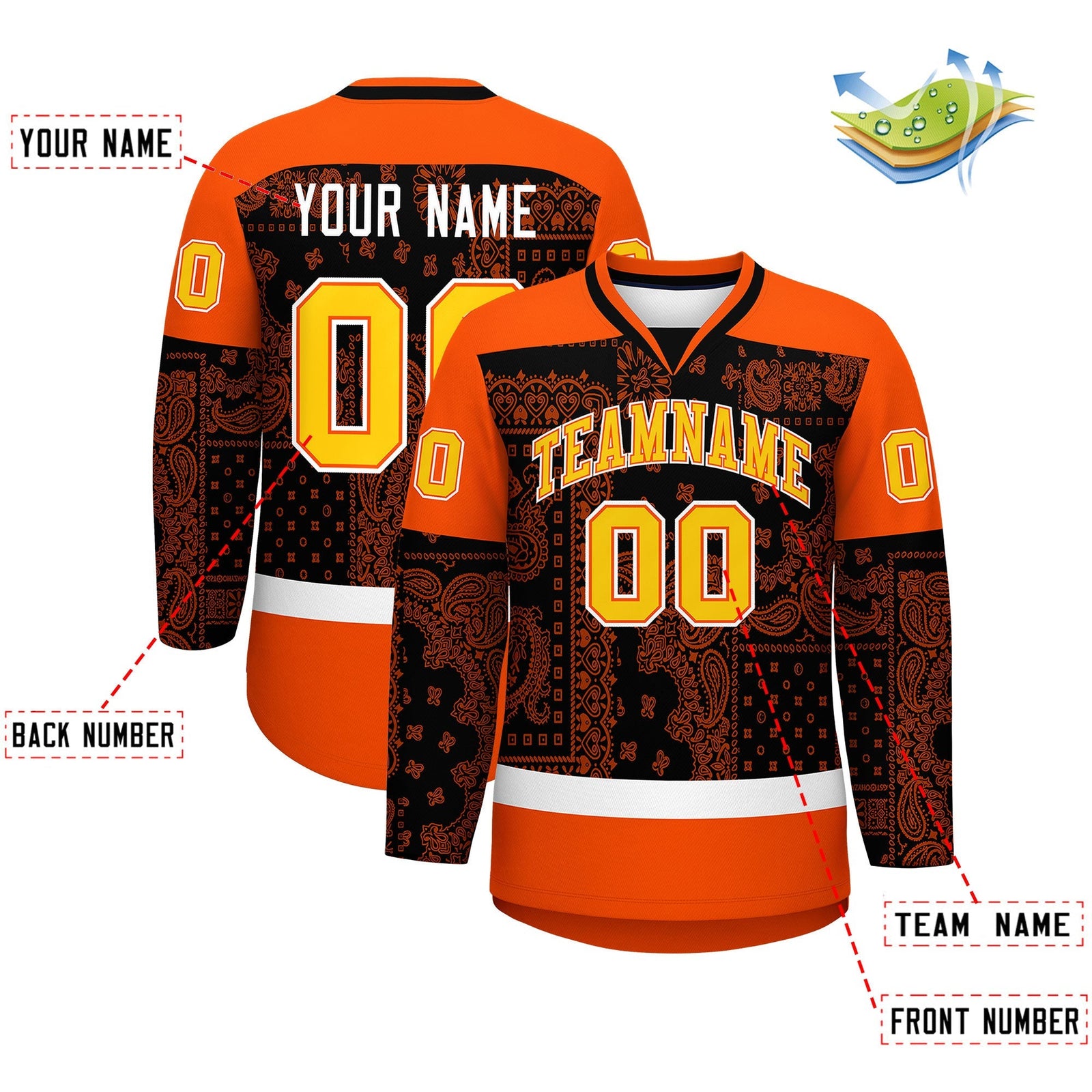 Custom Orange White Black Cashew Flower Graffiti Pattern V-Neck Hockey Jersey| KXKSHOP