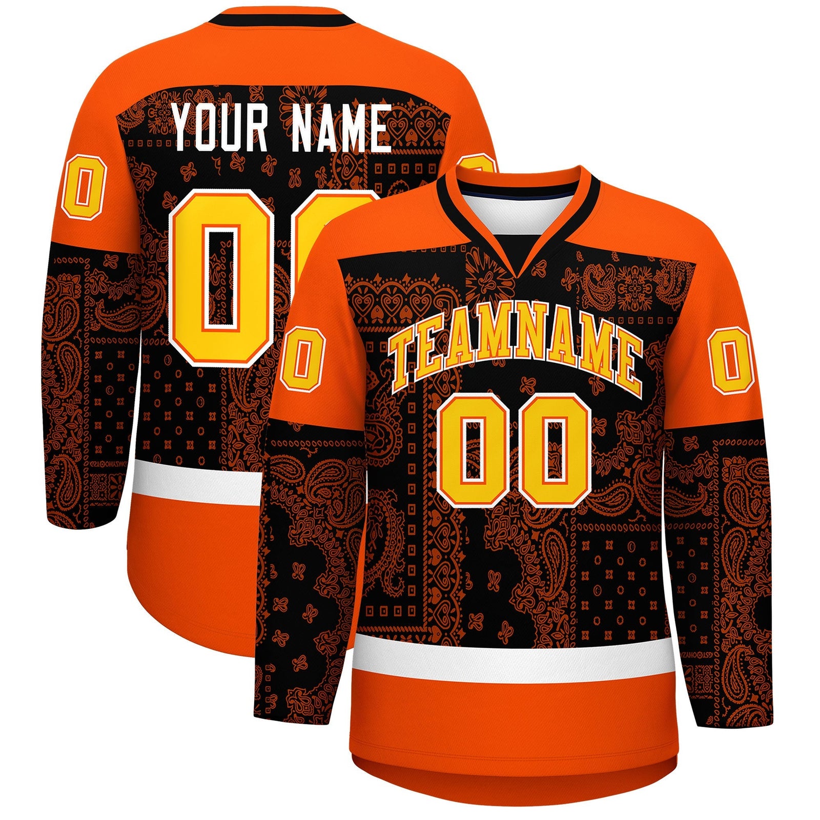 Custom Orange White Black Cashew Flower Graffiti Pattern V-Neck Hockey Jersey| KXKSHOP