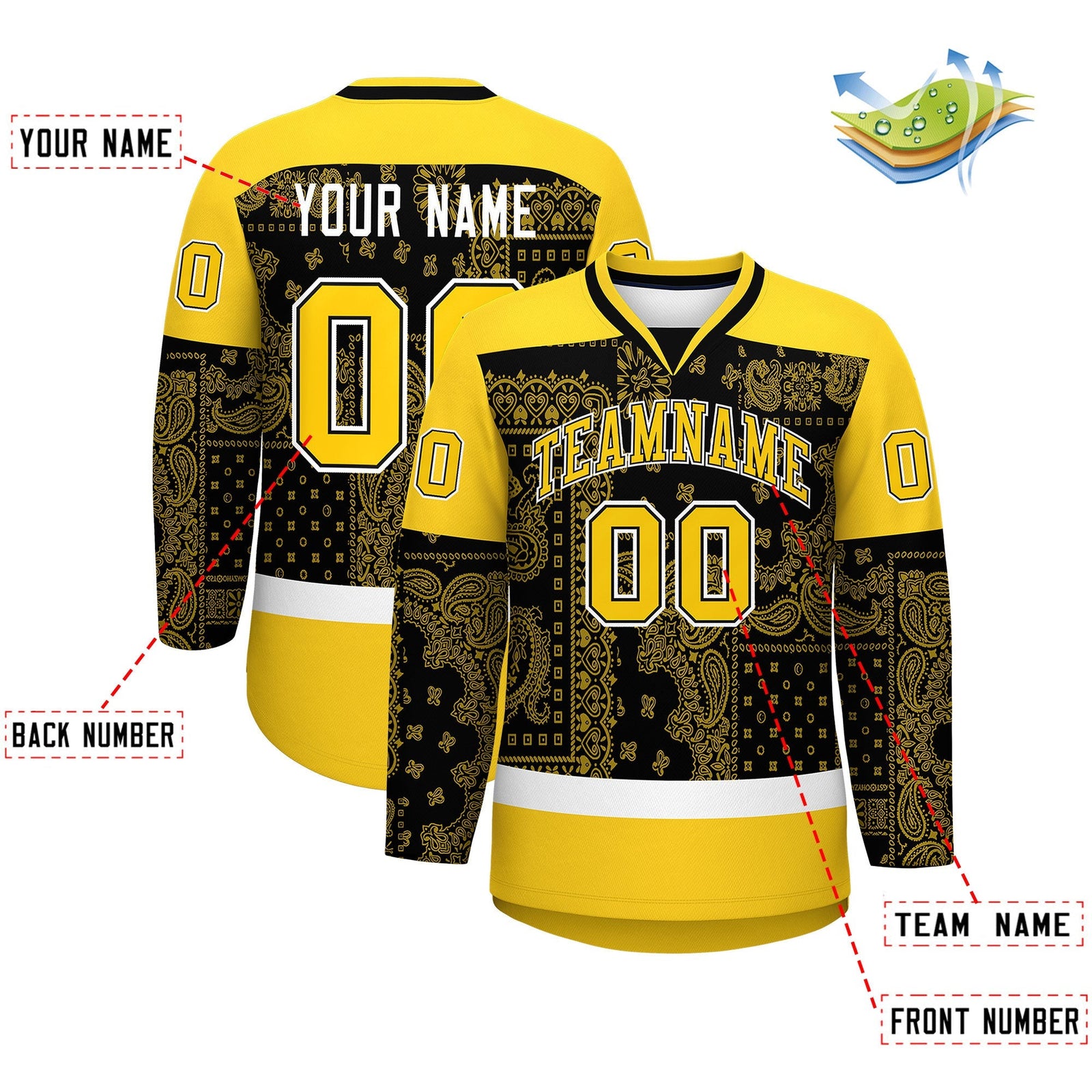 Custom Gold White Black Cashew Flower Graffiti Pattern V-Neck Hockey Jersey| KXKSHOP