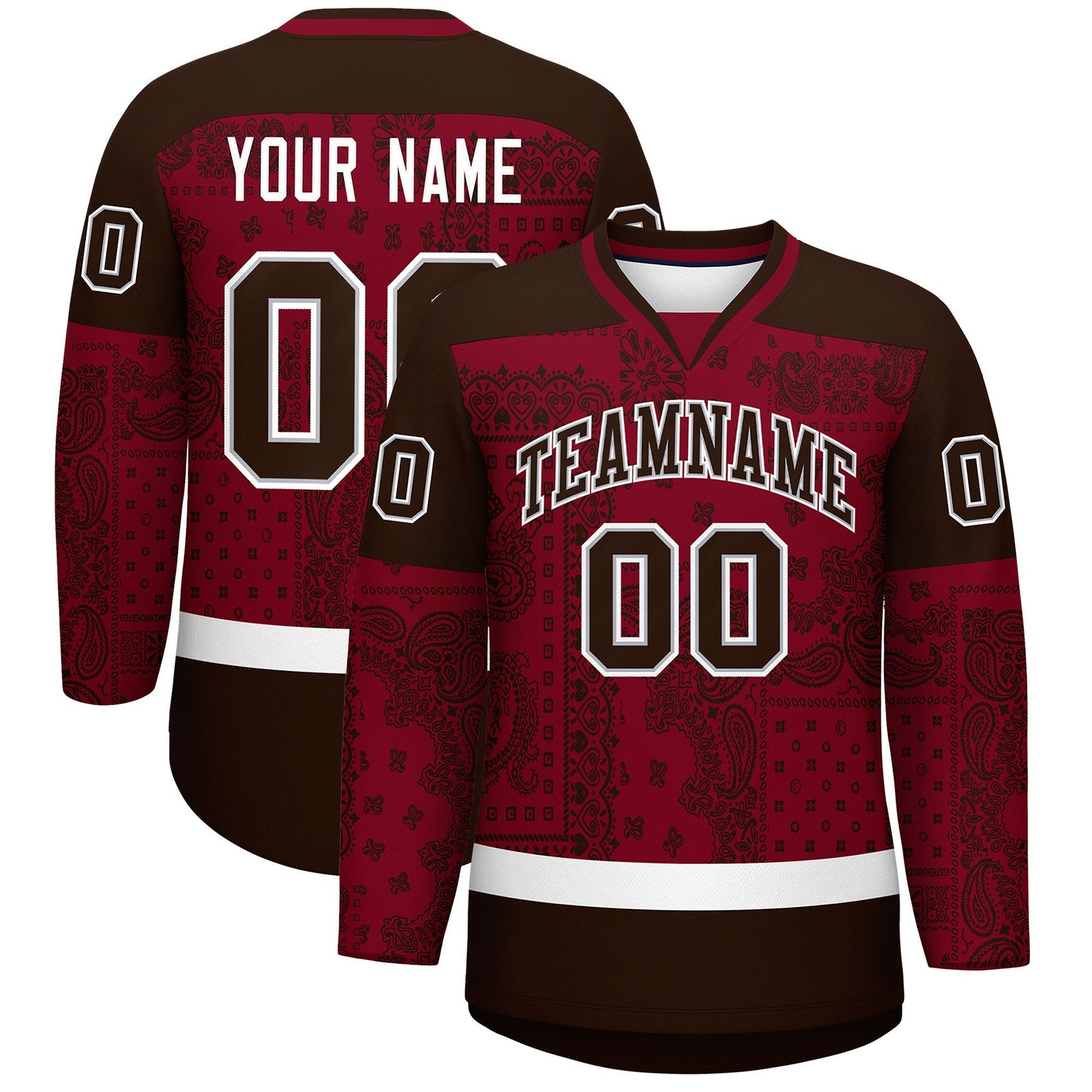 Custom Brown Crimson White Cashew Flower Graffiti Pattern V-Neck Hockey Jersey| KXKSHOP