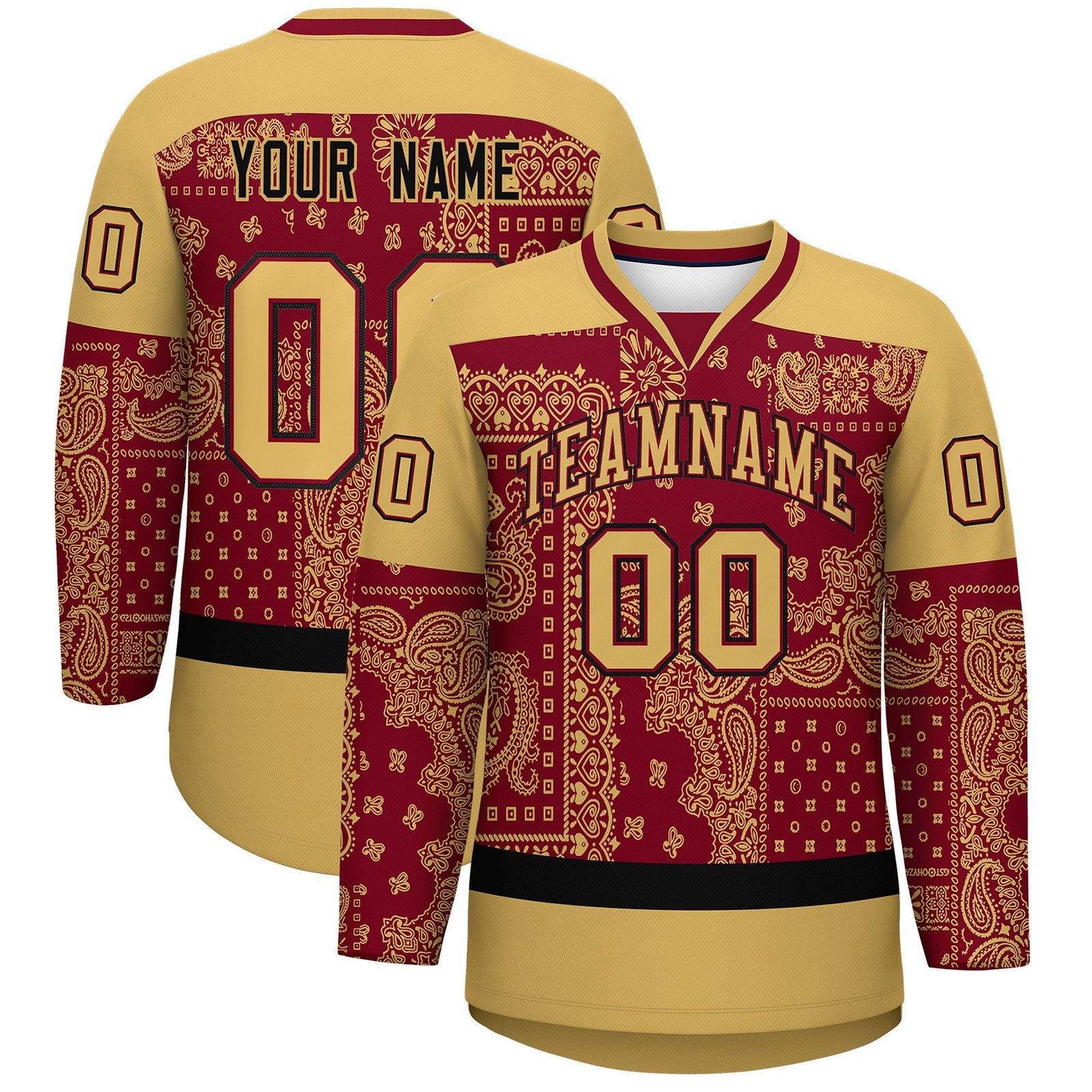 Custom Old Gold Crimson Black Cashew Flower Graffiti Pattern V-Neck Hockey Jersey| KXKSHOP