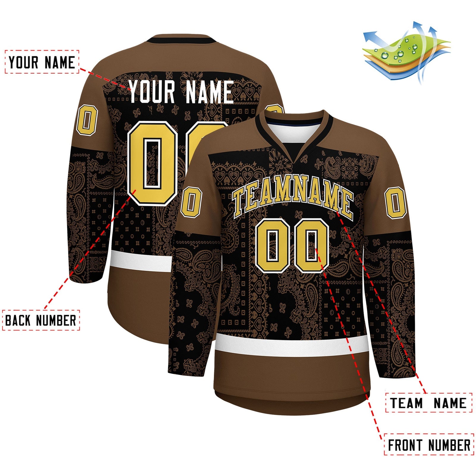 Custom Light Brown Black White Cashew Flower Graffiti Pattern V-Neck Hockey Jersey| KXKSHOP