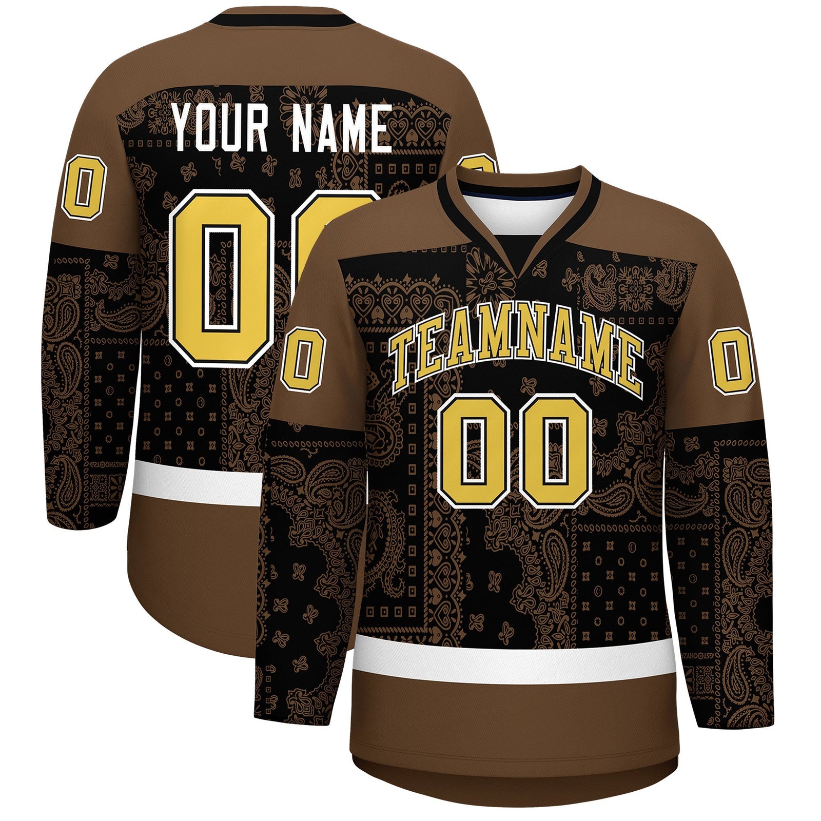Custom Light Brown Black White Cashew Flower Graffiti Pattern V-Neck Hockey Jersey| KXKSHOP