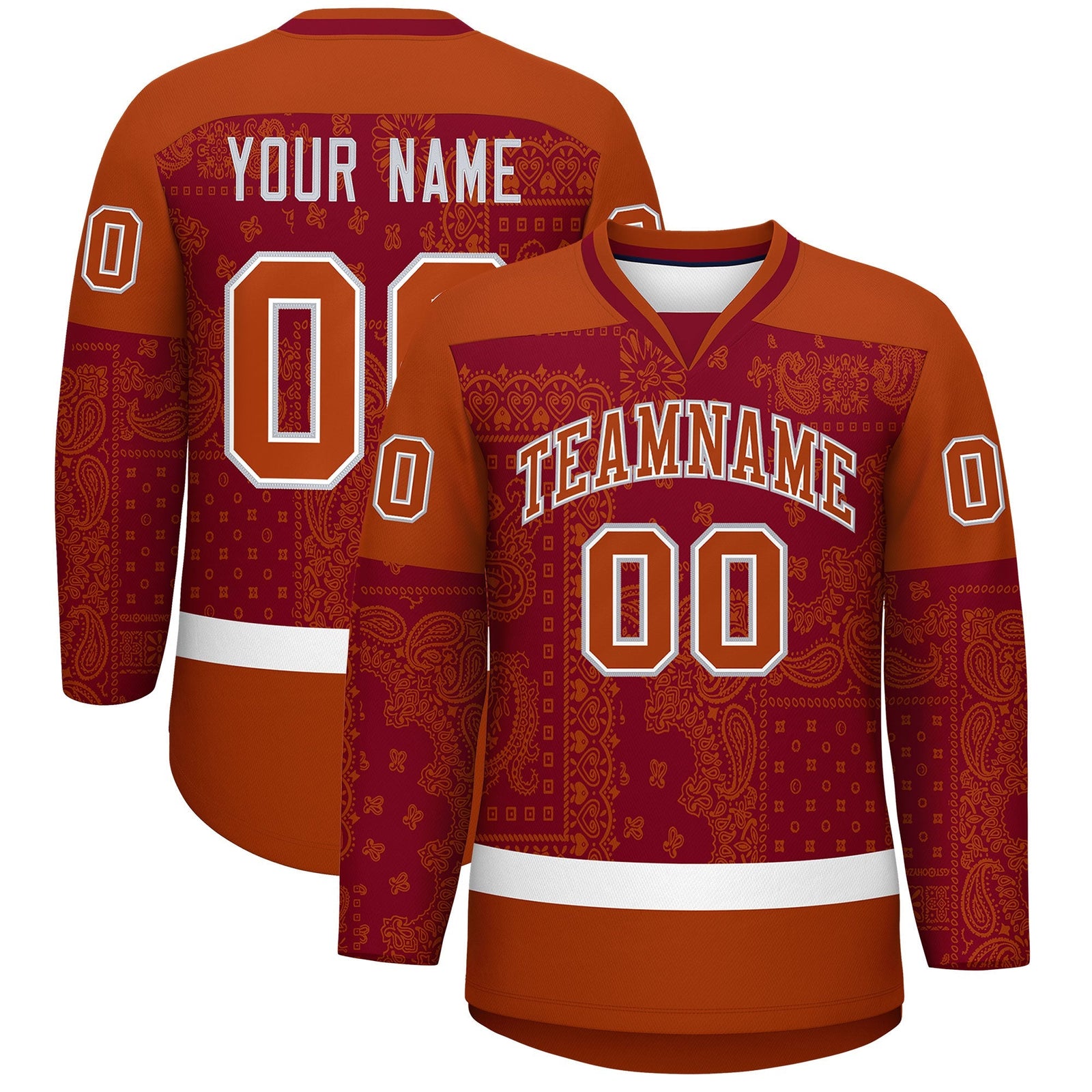 Custom Dark Orange Crimson White Cashew Flower Graffiti Pattern V-Neck Hockey Jersey| KXKSHOP