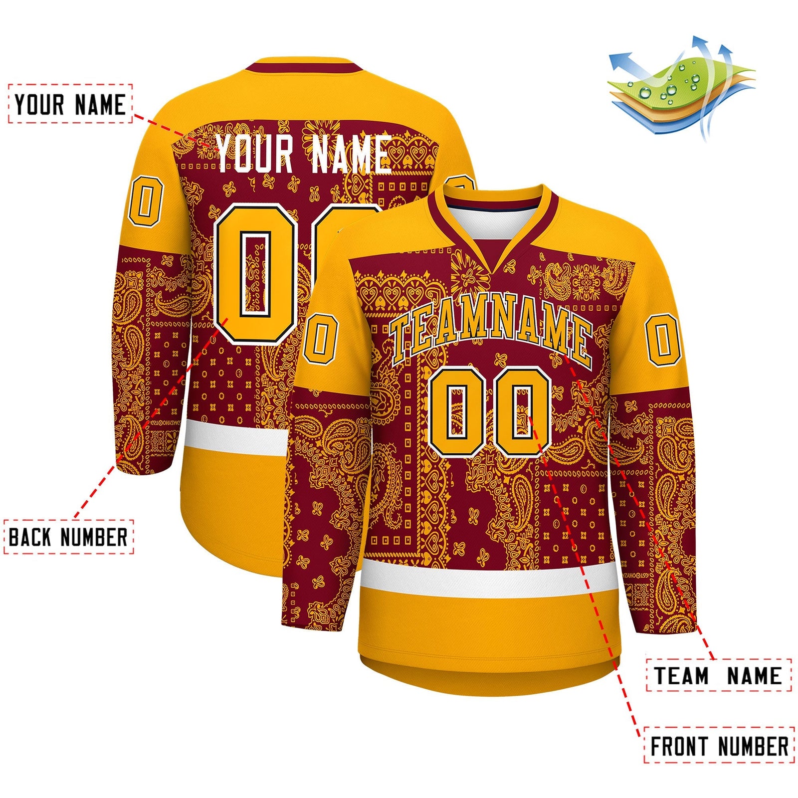 Custom Yellow Crimson White Cashew Flower Graffiti Pattern V-Neck Hockey Jersey| KXKSHOP