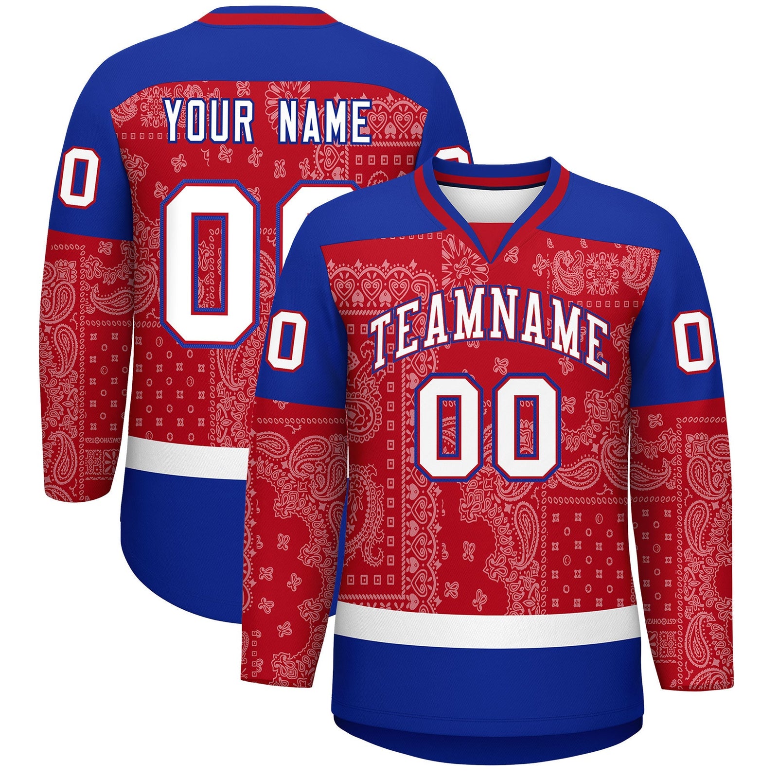 Custom Royal White Red Cashew Flower Graffiti Pattern V-Neck Hockey Jersey| KXKSHOP
