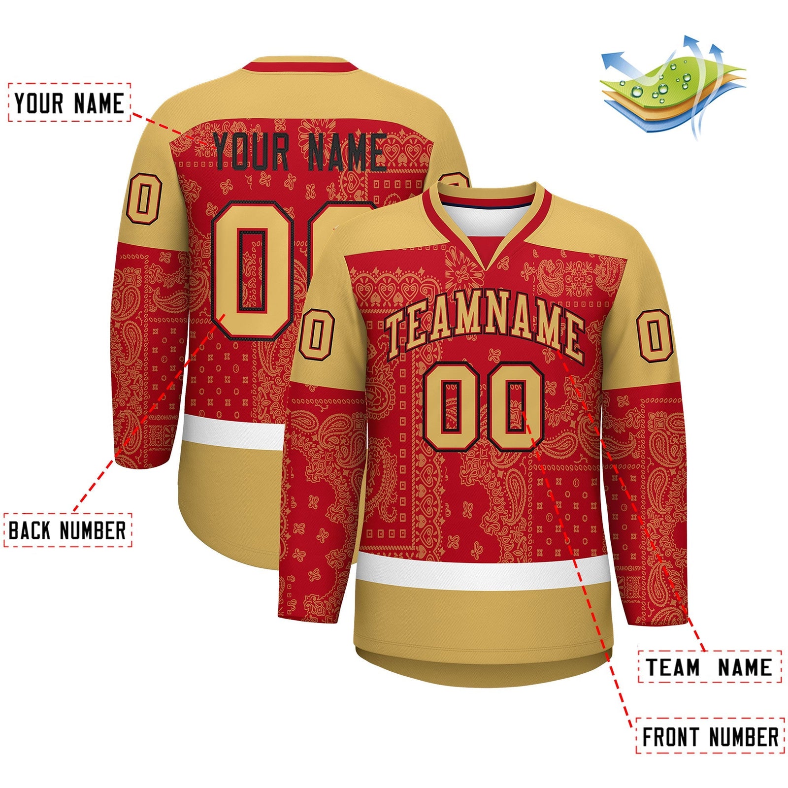 Custom Old Gold Red White Cashew Flower Graffiti Pattern V-Neck Hockey Jersey| KXKSHOP